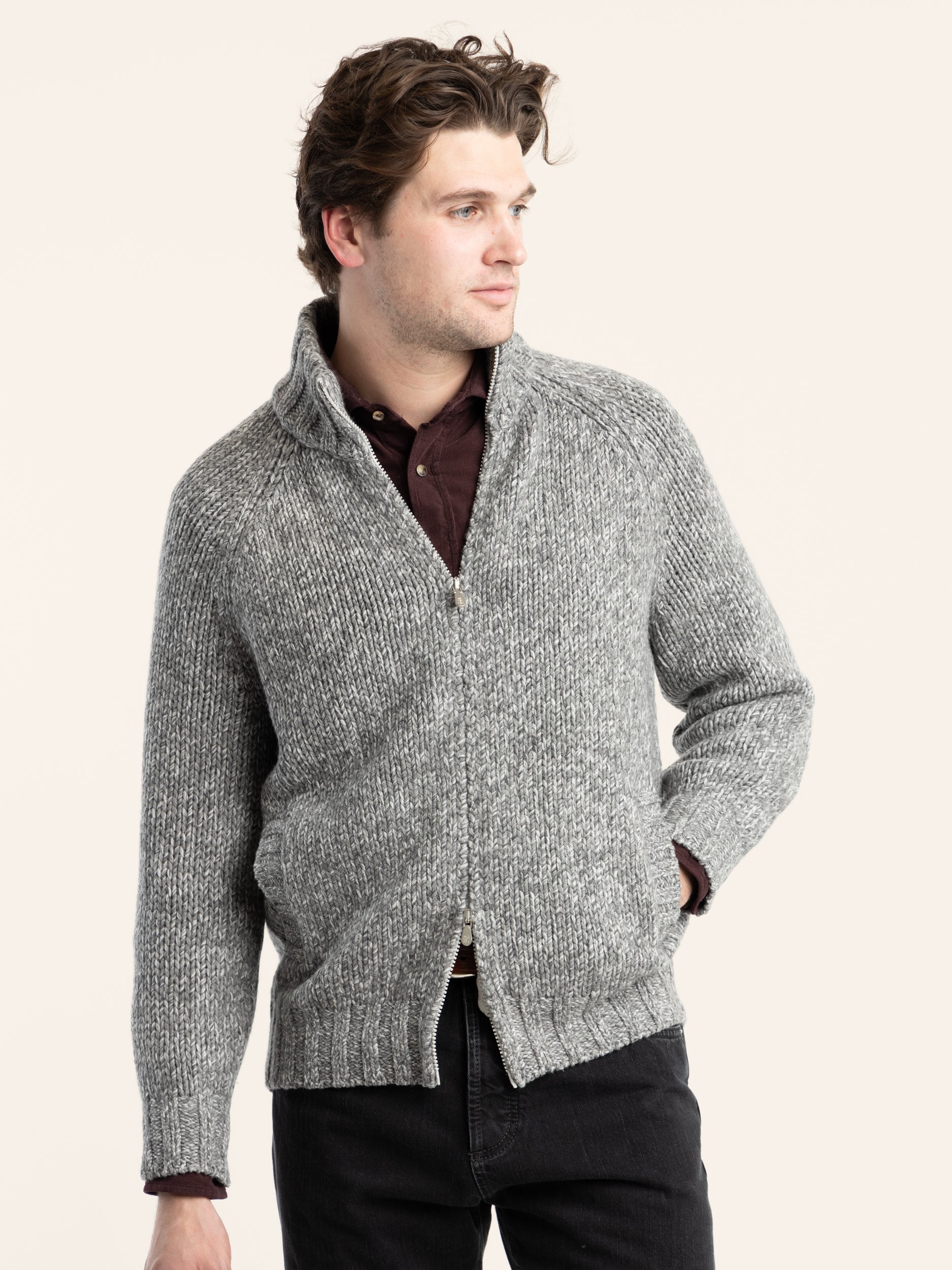 Grey Raglan-Sleeved Full Zip Knitted Cardigan – The Helm Clothing
