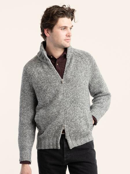 Grey Raglan-Sleeved Full Zip Knitted Cardigan