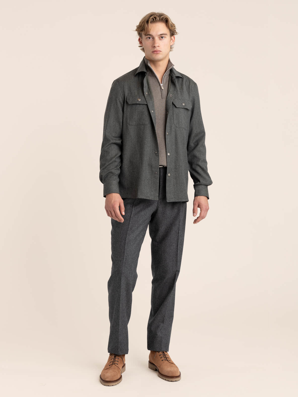 Grey Virgin Wool Flannel Overshirt