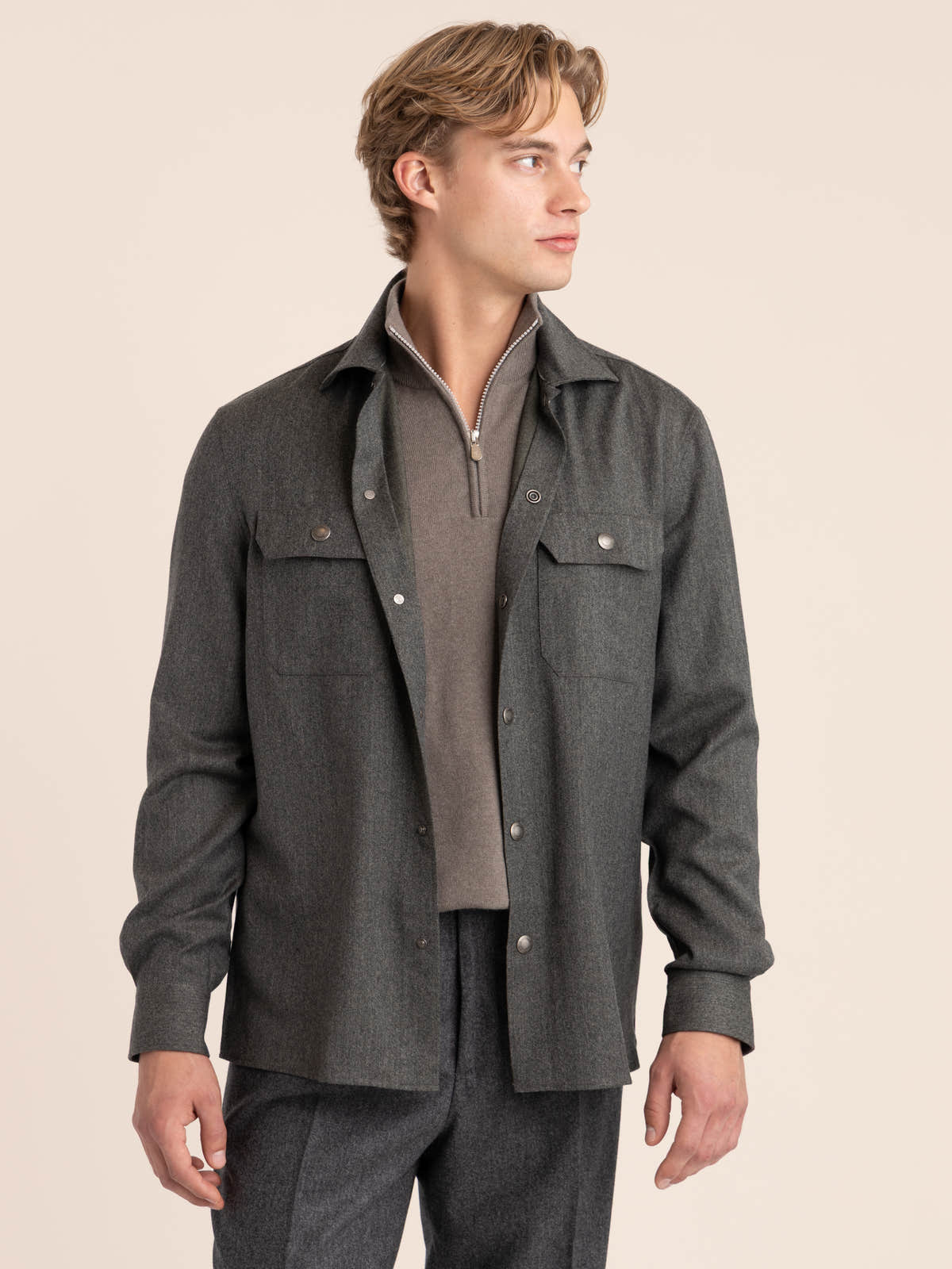 Grey Virgin Wool Flannel Overshirt