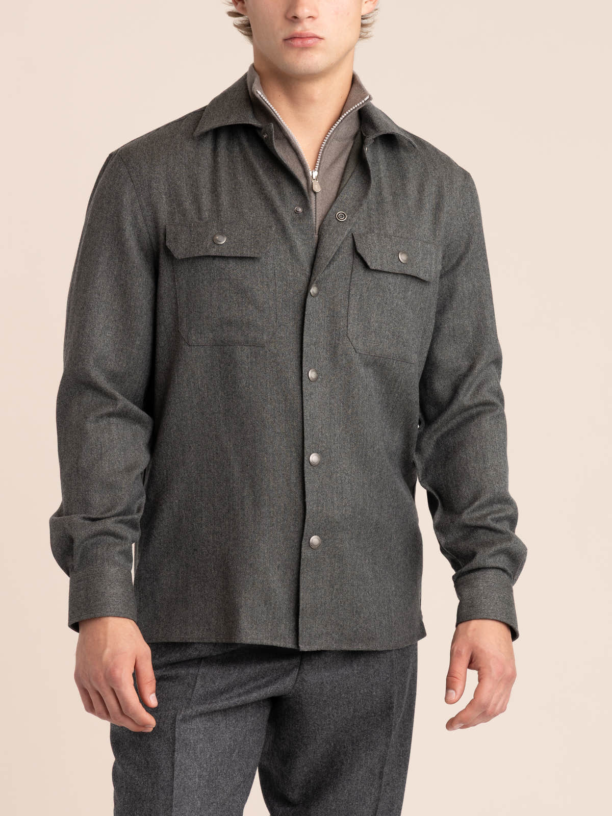Grey Virgin Wool Flannel Overshirt
