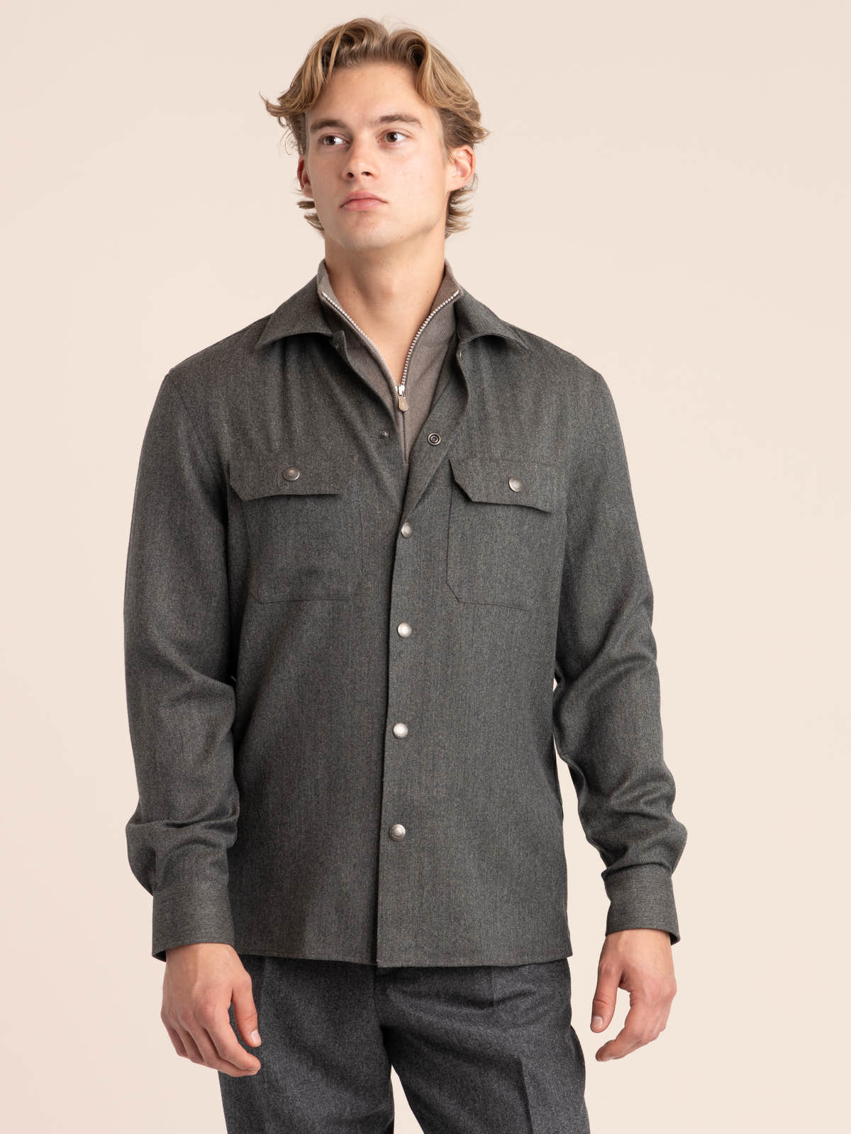 Grey Virgin Wool Flannel Overshirt