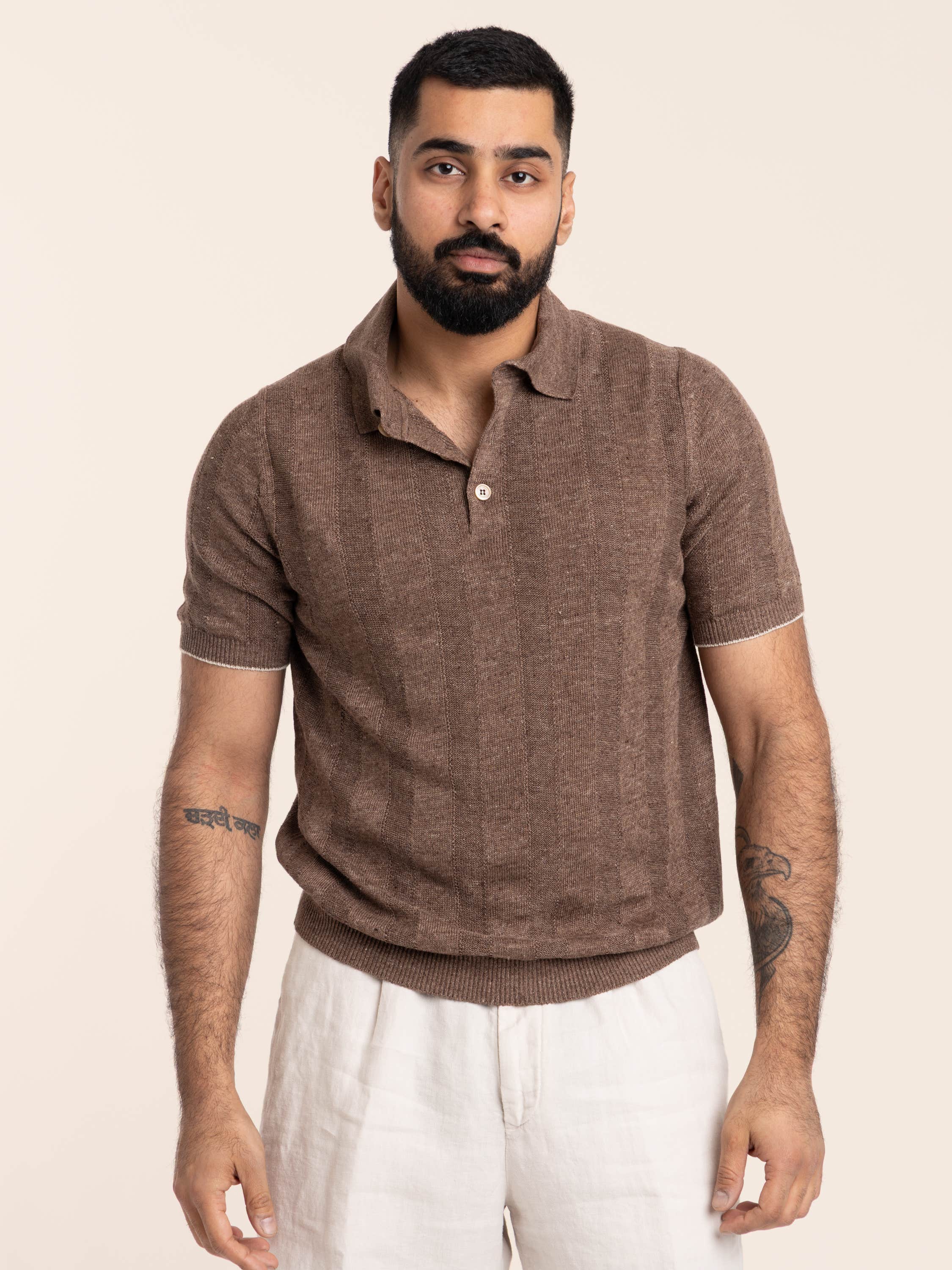 Hazelnut Linen and Cotton Wide Rib Knit Polo