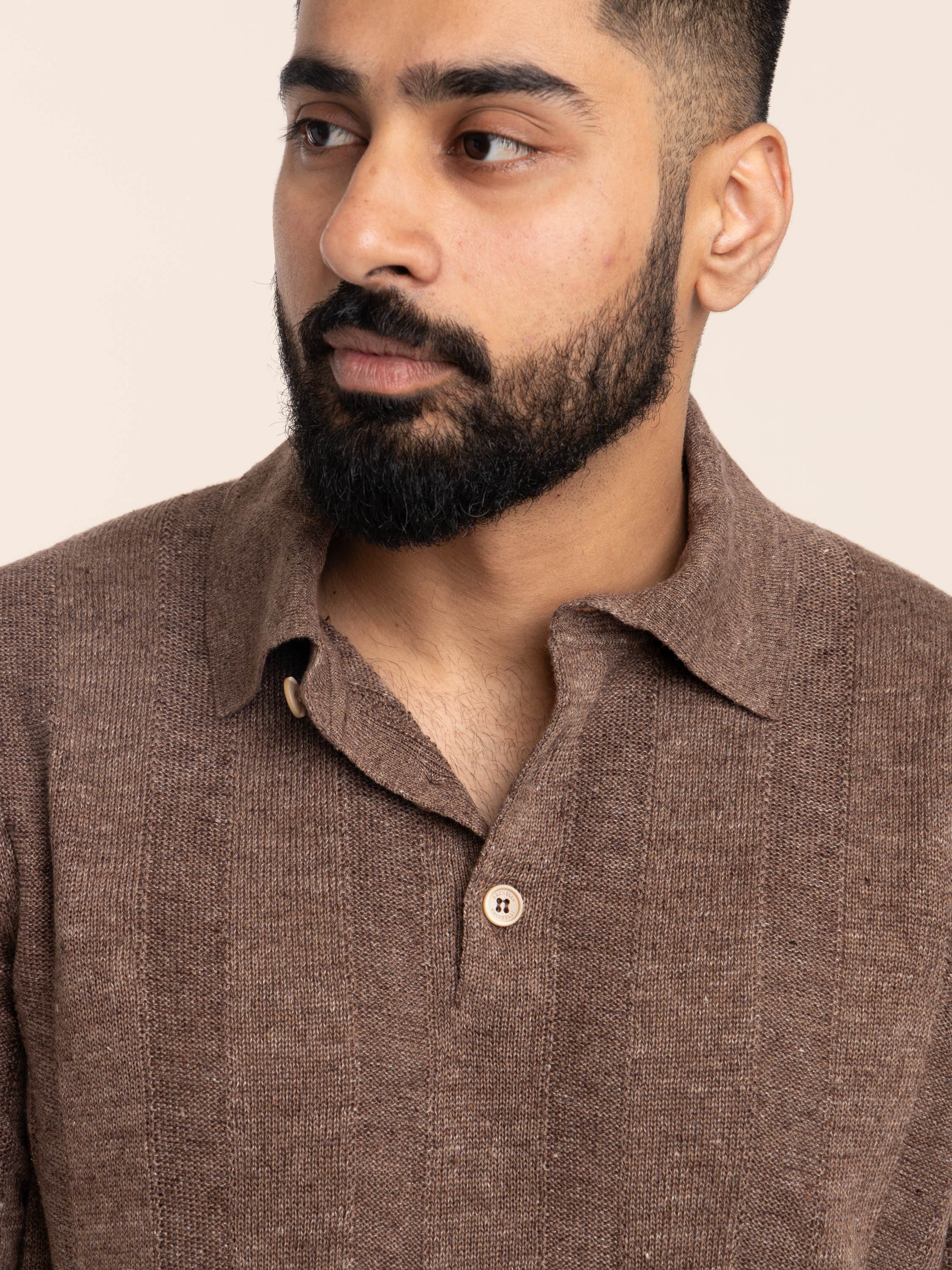Hazelnut Linen and Cotton Wide Rib Knit Polo