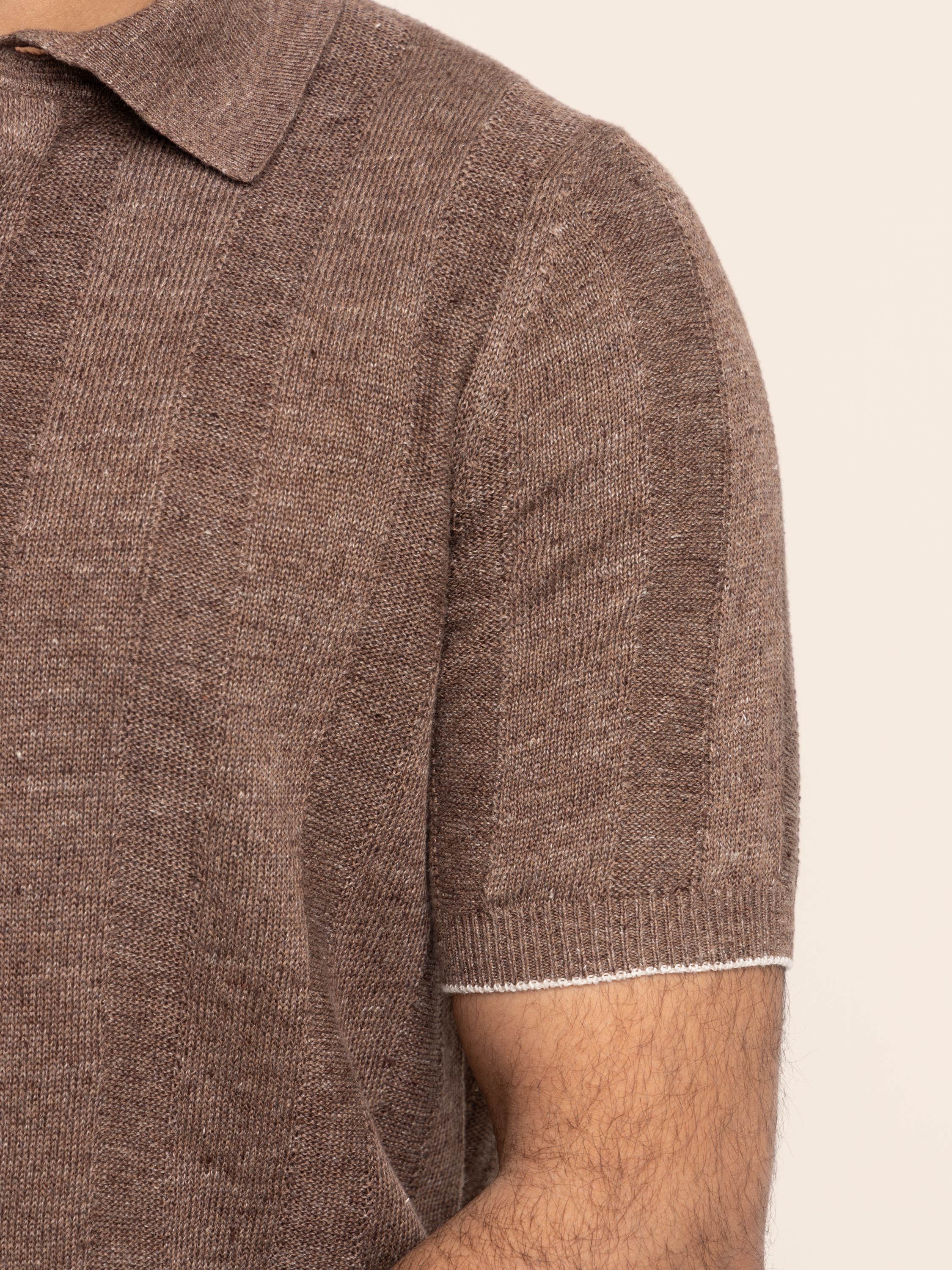 Hazelnut Linen and Cotton Wide Rib Knit Polo