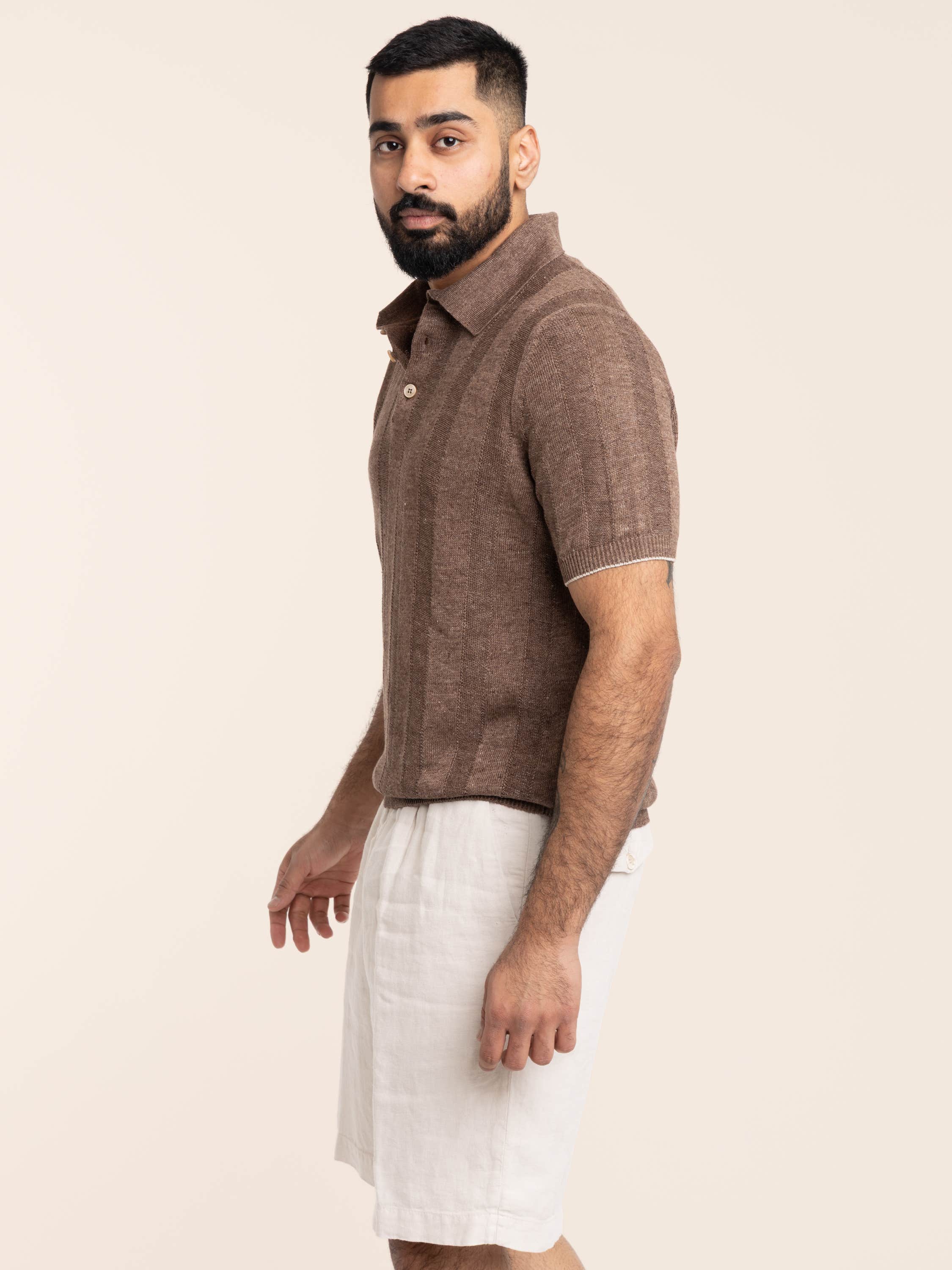 Hazelnut Linen and Cotton Wide Rib Knit Polo