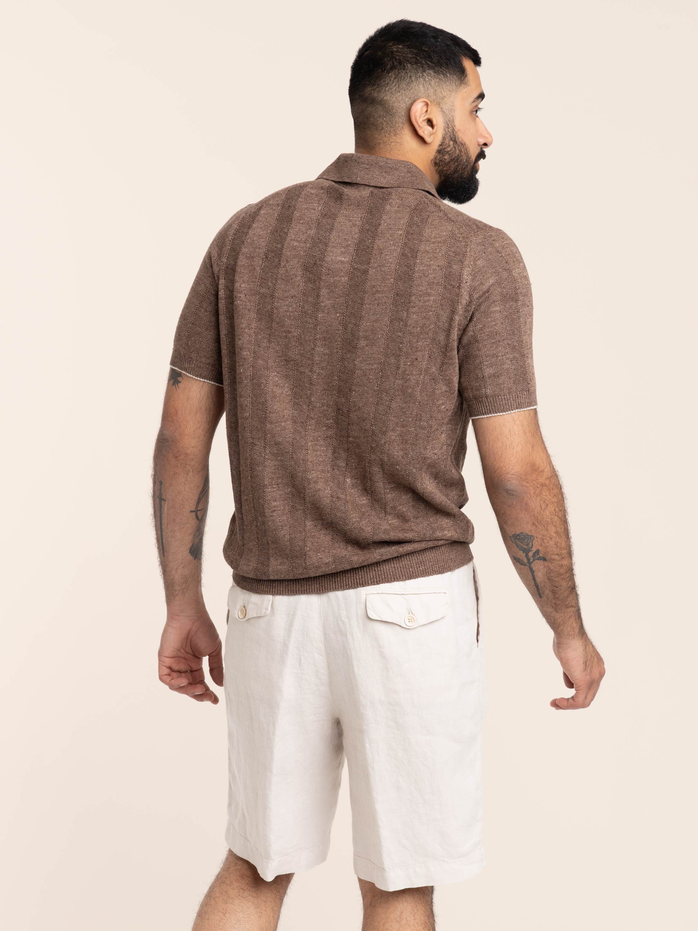 Hazelnut Linen and Cotton Wide Rib Knit Polo