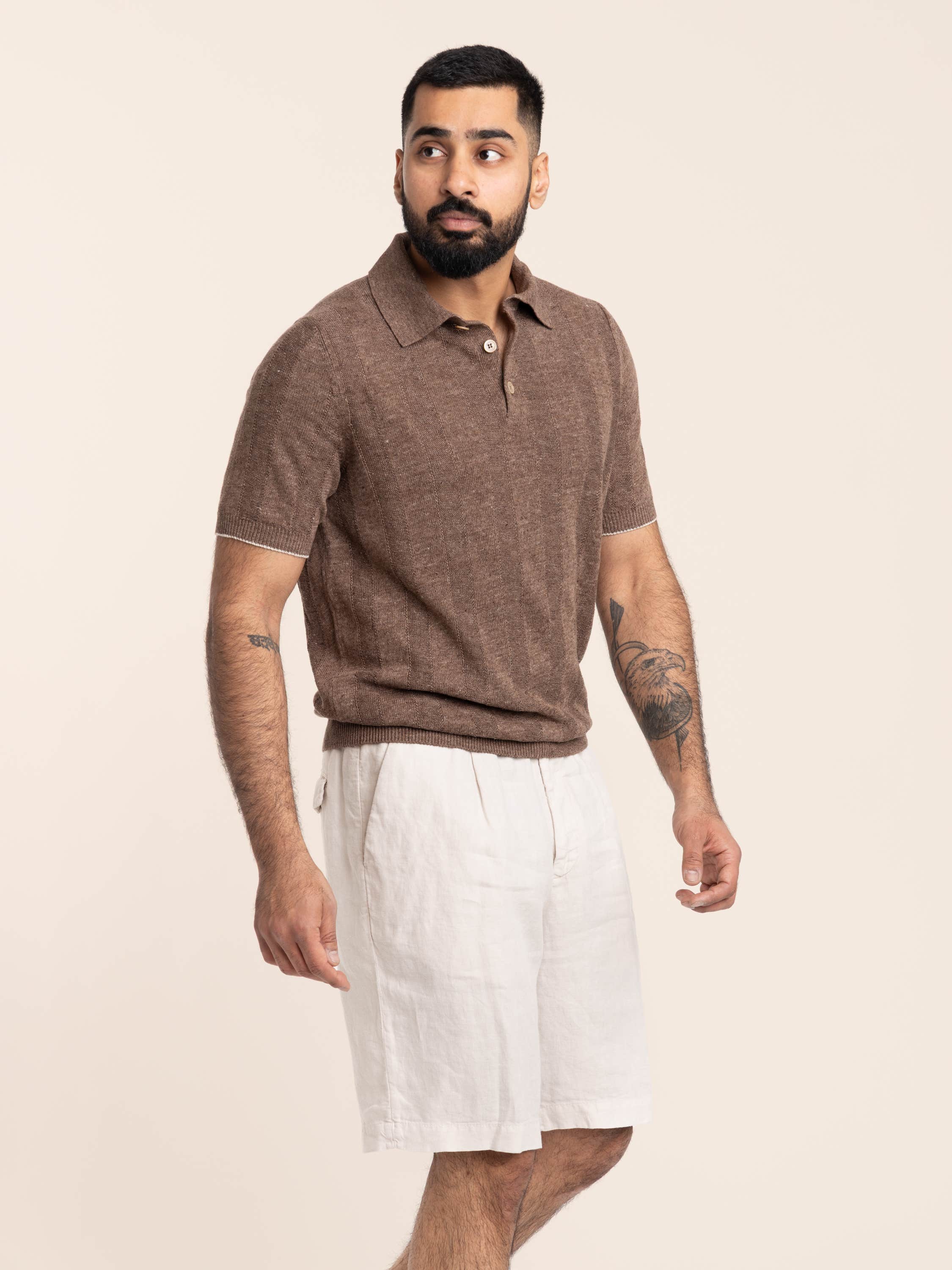 Hazelnut Linen and Cotton Wide Rib Knit Polo