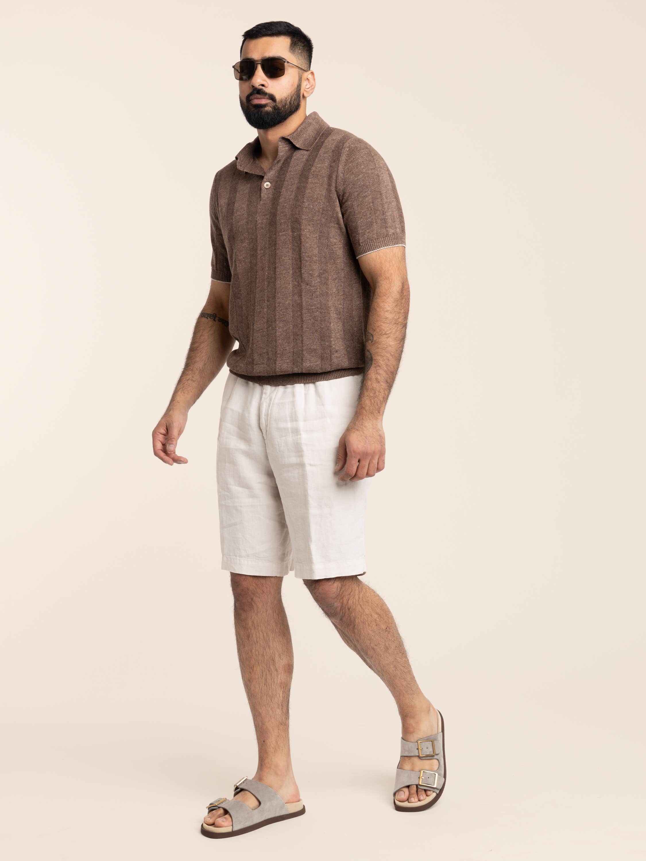 Hazelnut Linen and Cotton Wide Rib Knit Polo