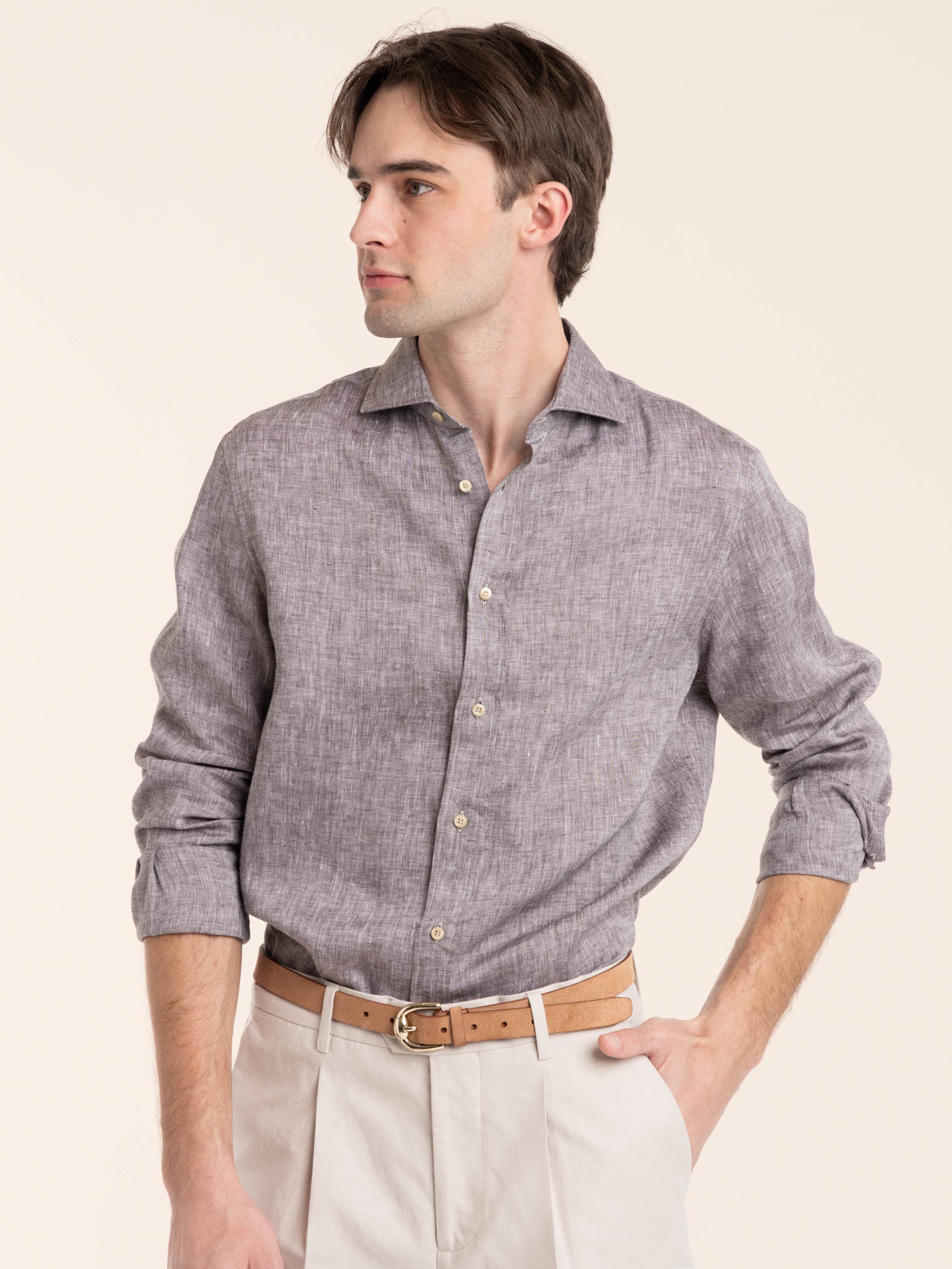 Hazelnut Linen Shirt with Spread Collar