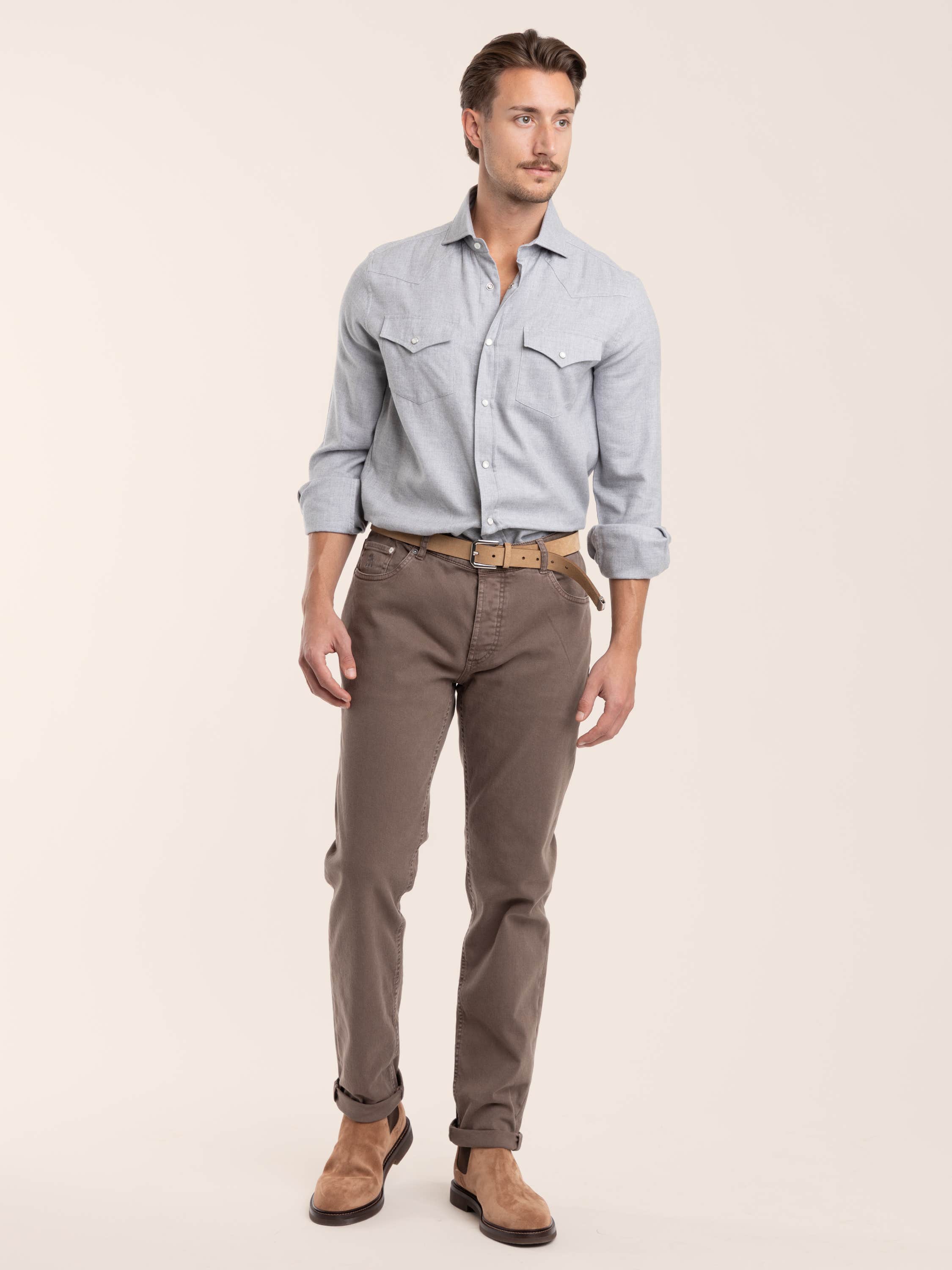 Light Brown Garment-Dyed Fit Five-Pocket Denim Trouser