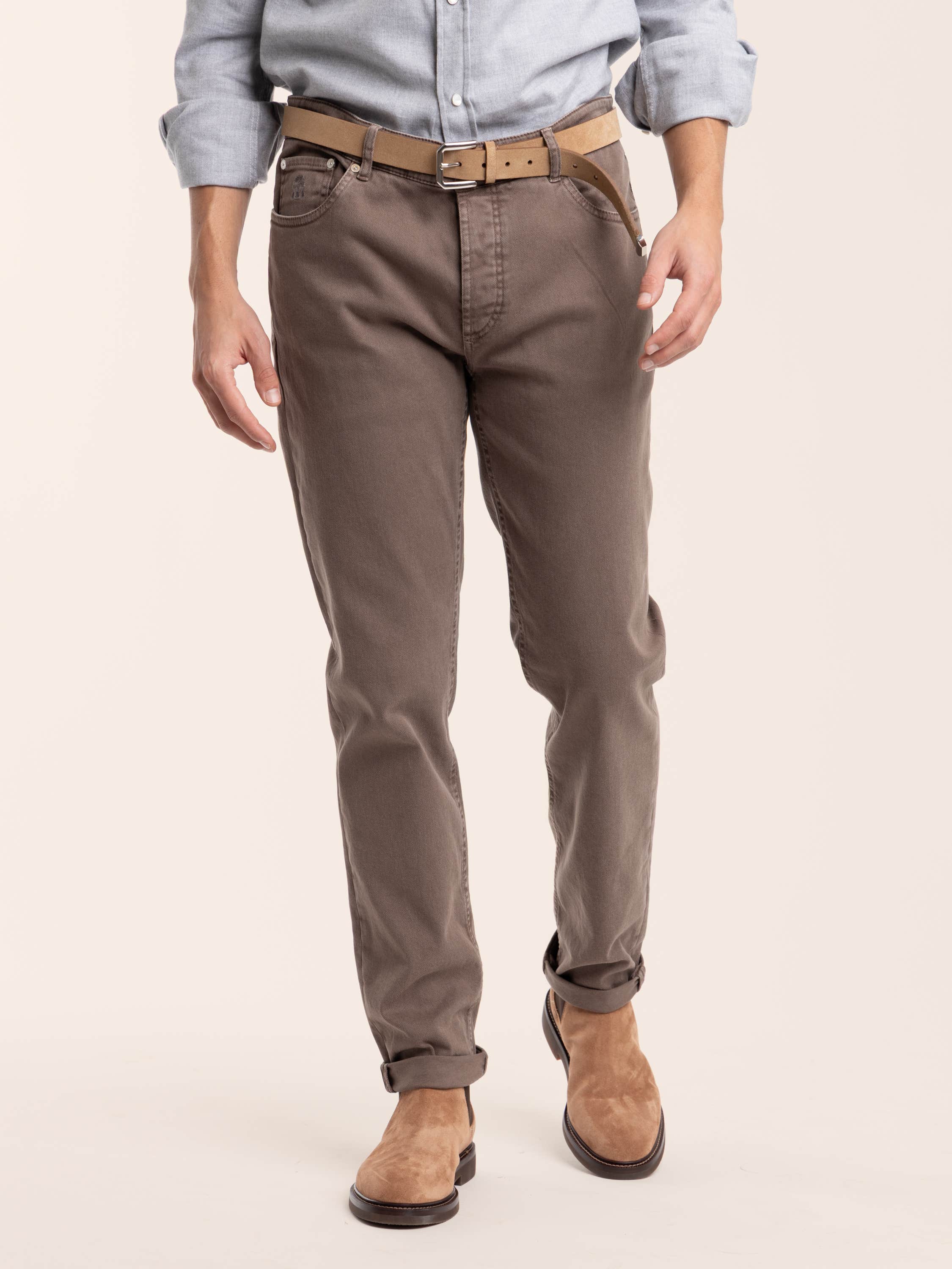 Light Brown Garment-Dyed Fit Five-Pocket Denim Trouser