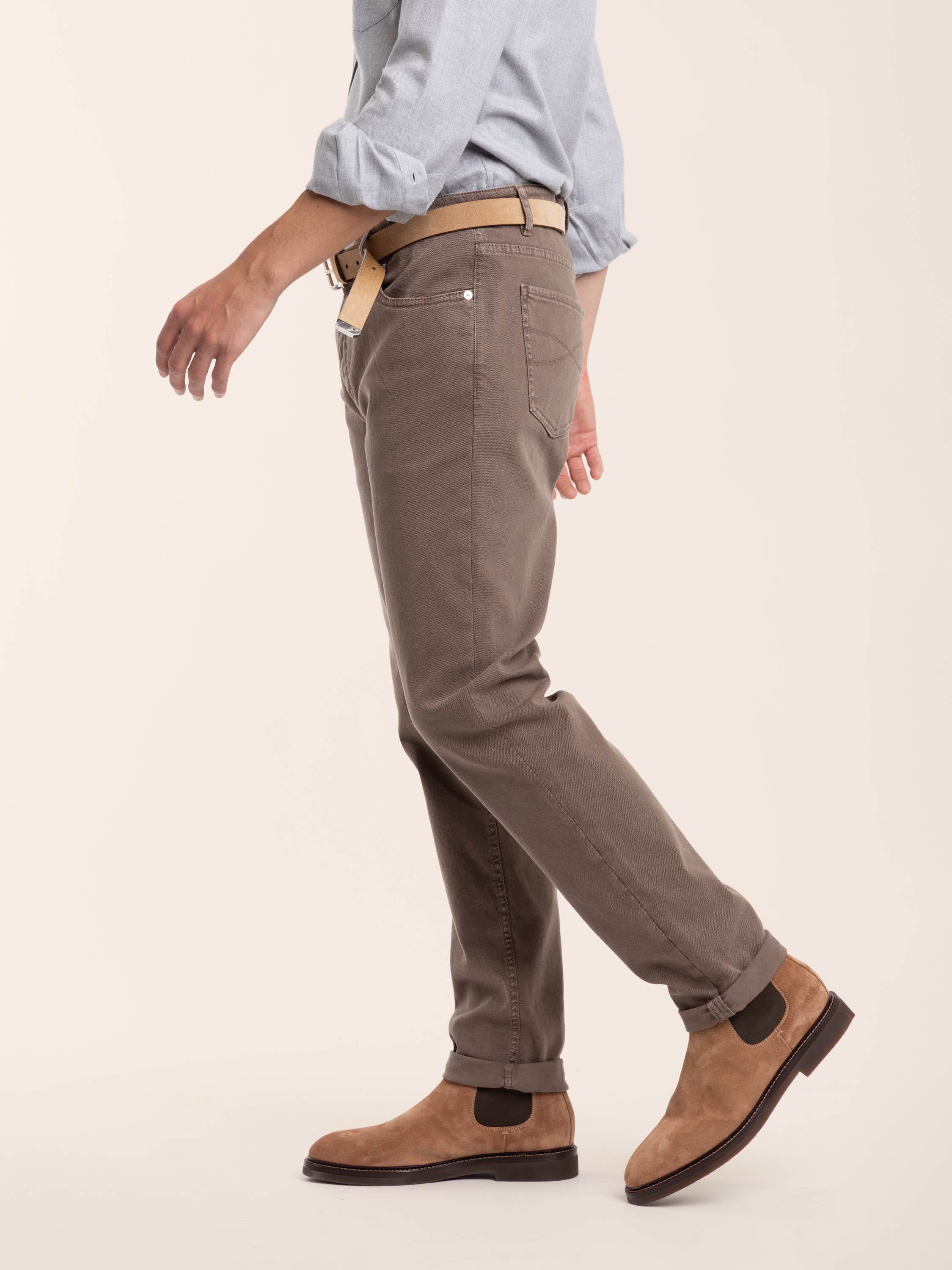 Light Brown Garment-Dyed Fit Five-Pocket Denim Trouser