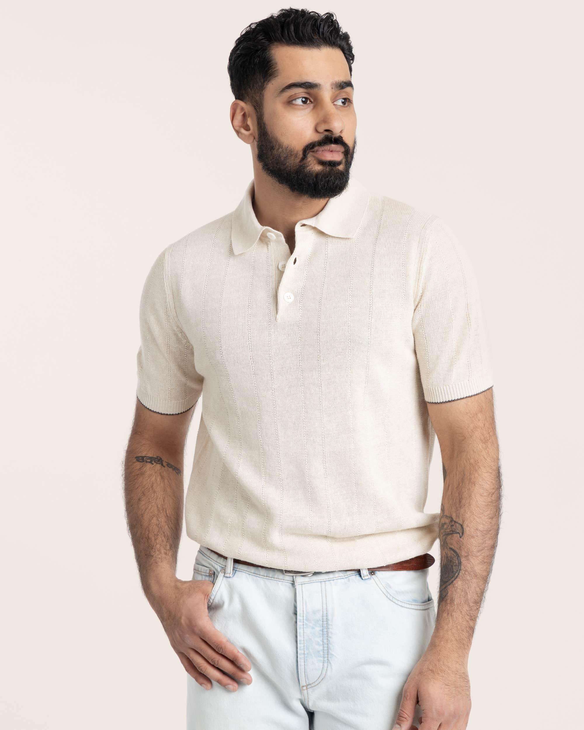 Linen and Cotton Wide Rib Knit Polo