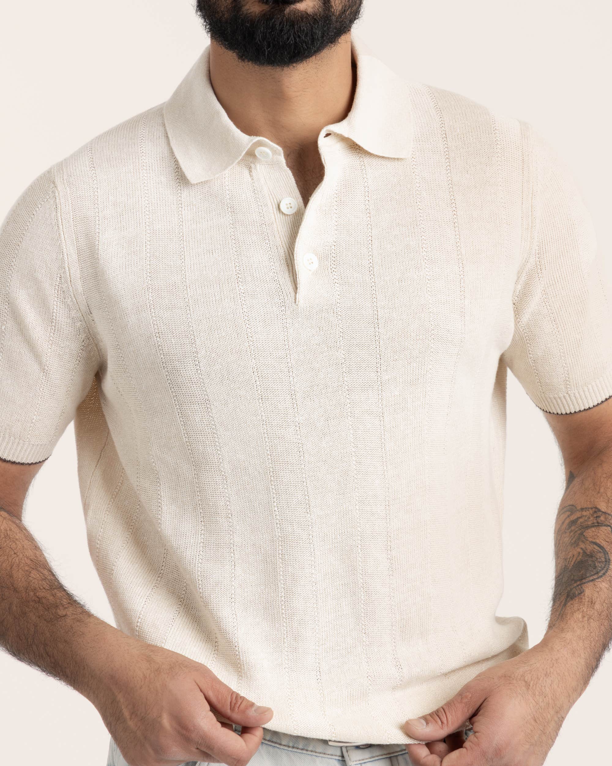 Linen and Cotton Wide Rib Knit Polo