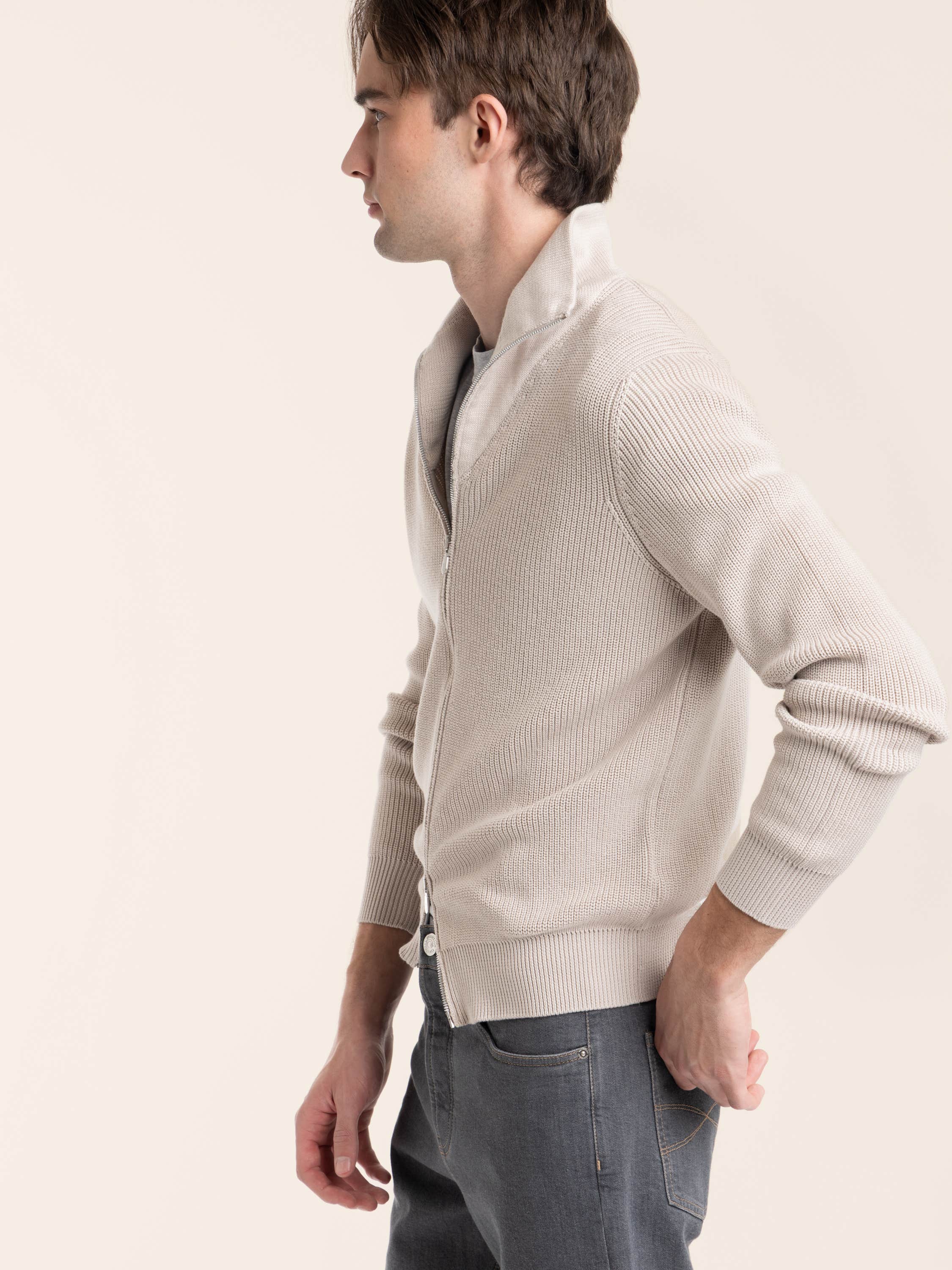 Malfilé Cotton English Rib Cardigan with Raglan Sleeves and Zipper