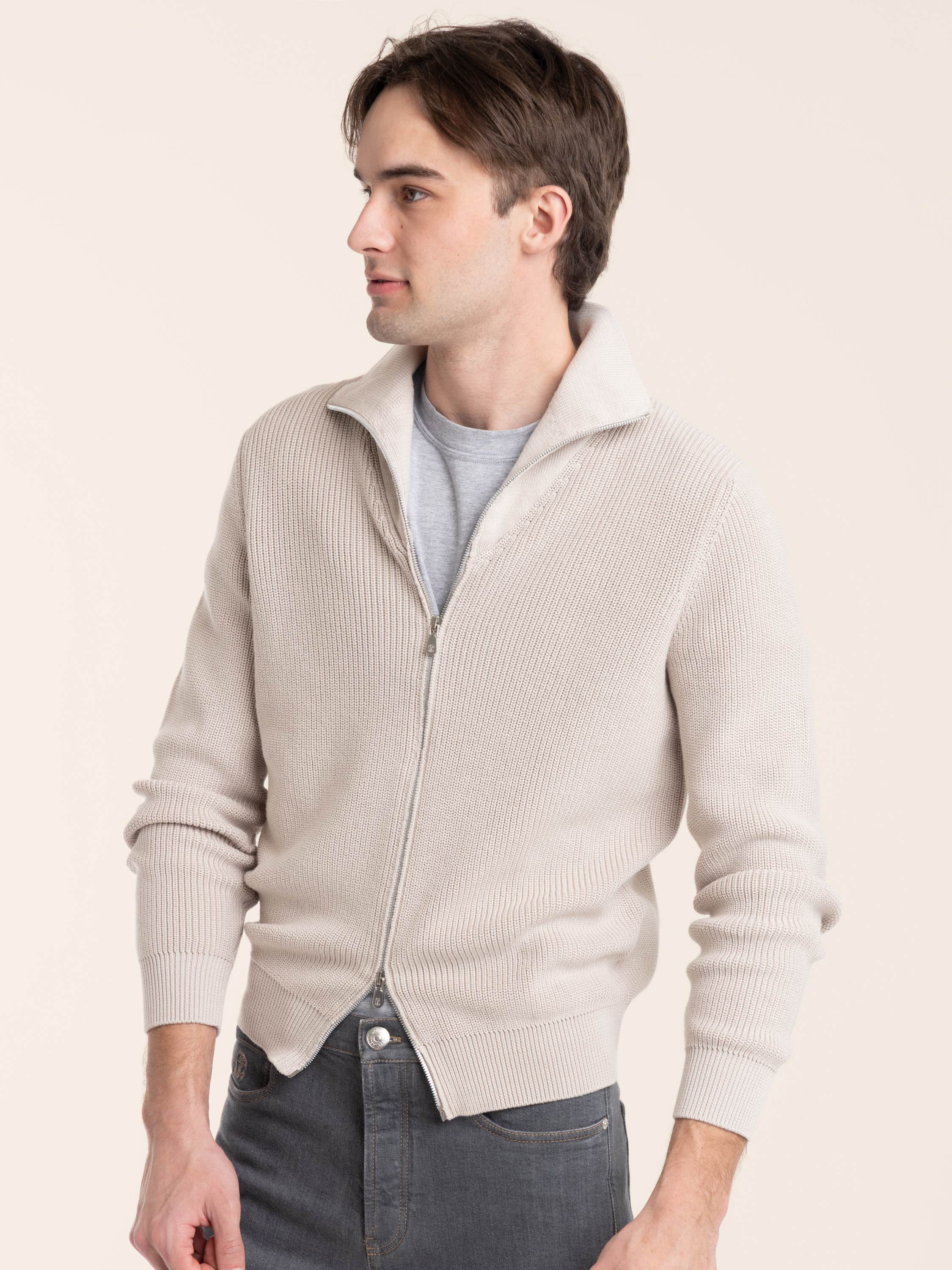Malfilé Cotton English Rib Cardigan with Raglan Sleeves and Zipper