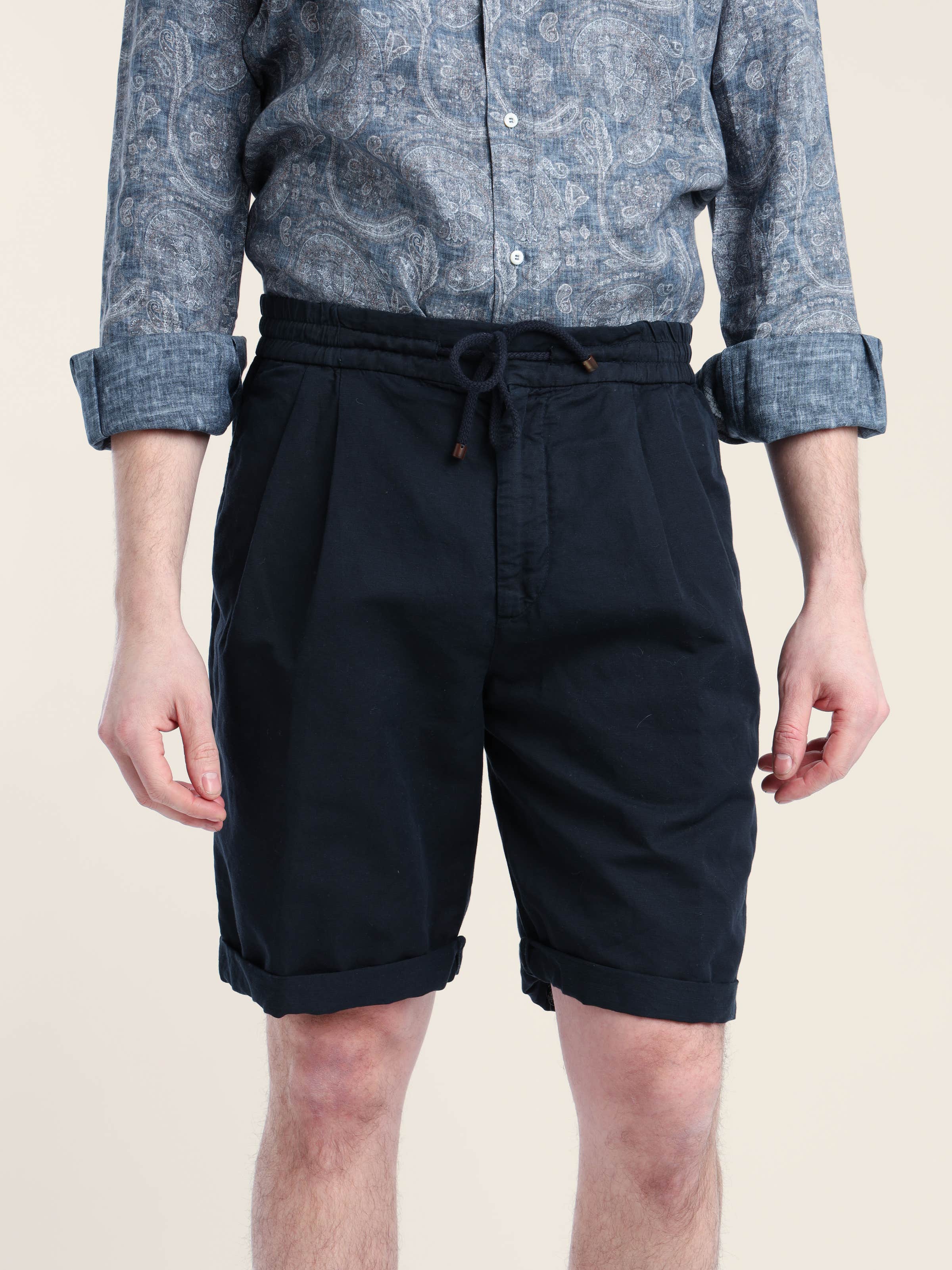 Navy Blue Garment-Dyed Linen-Cotton Bermuda Shorts