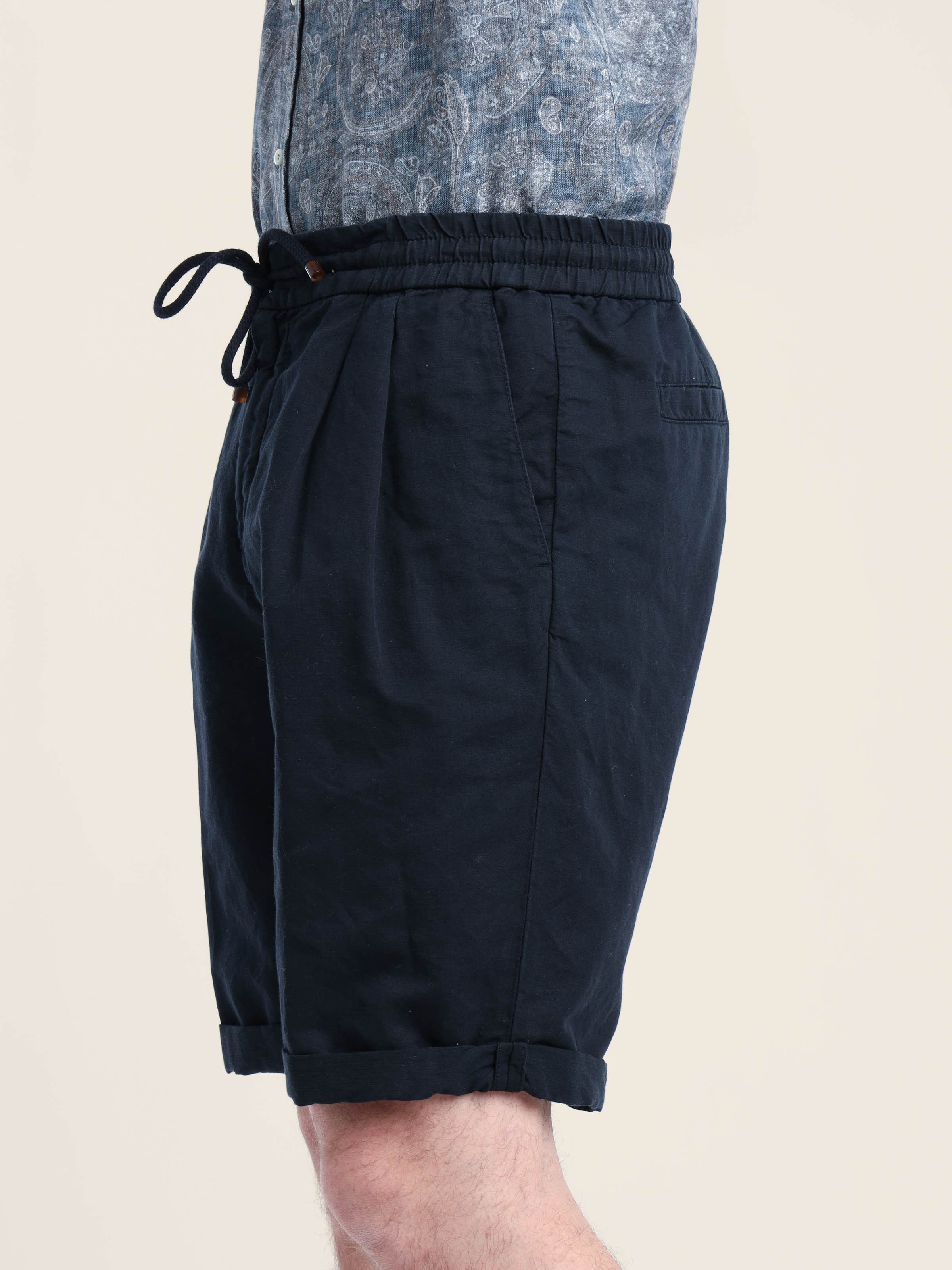 Navy Blue Garment-Dyed Linen-Cotton Bermuda Shorts