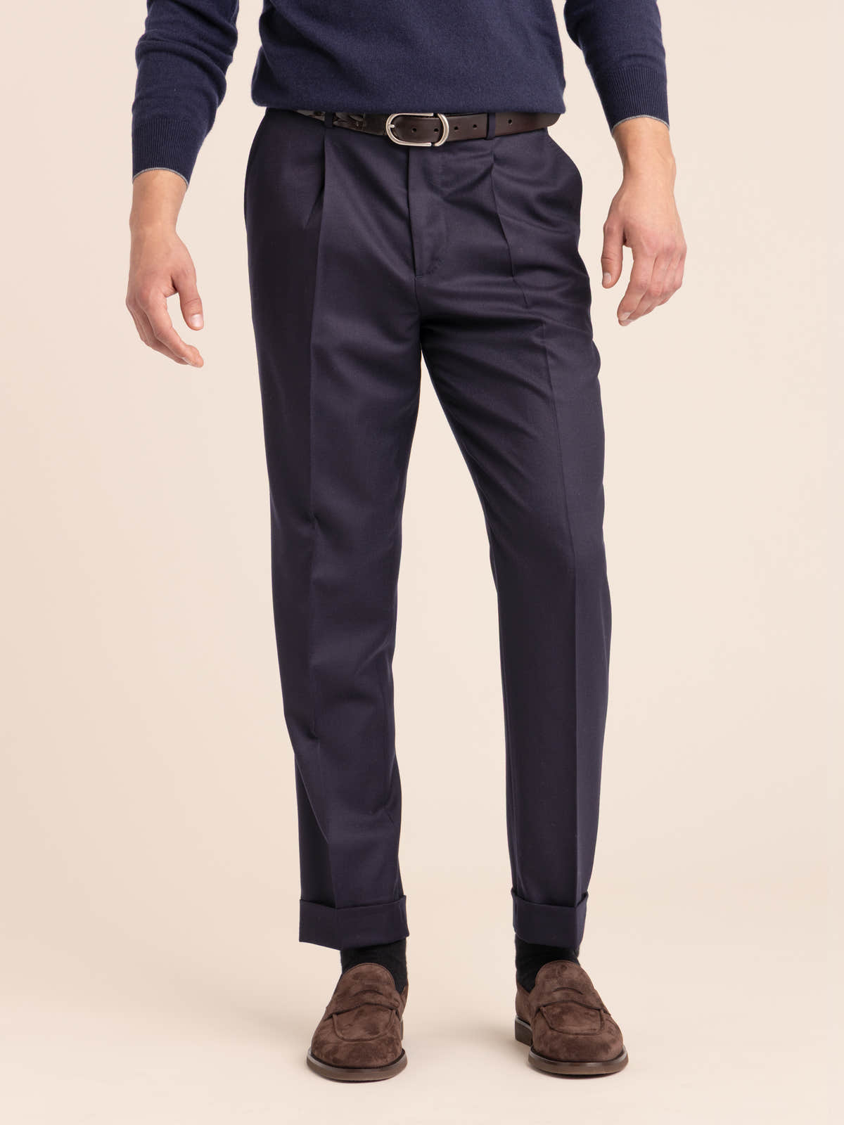 Navy Wool Pleated Trousers