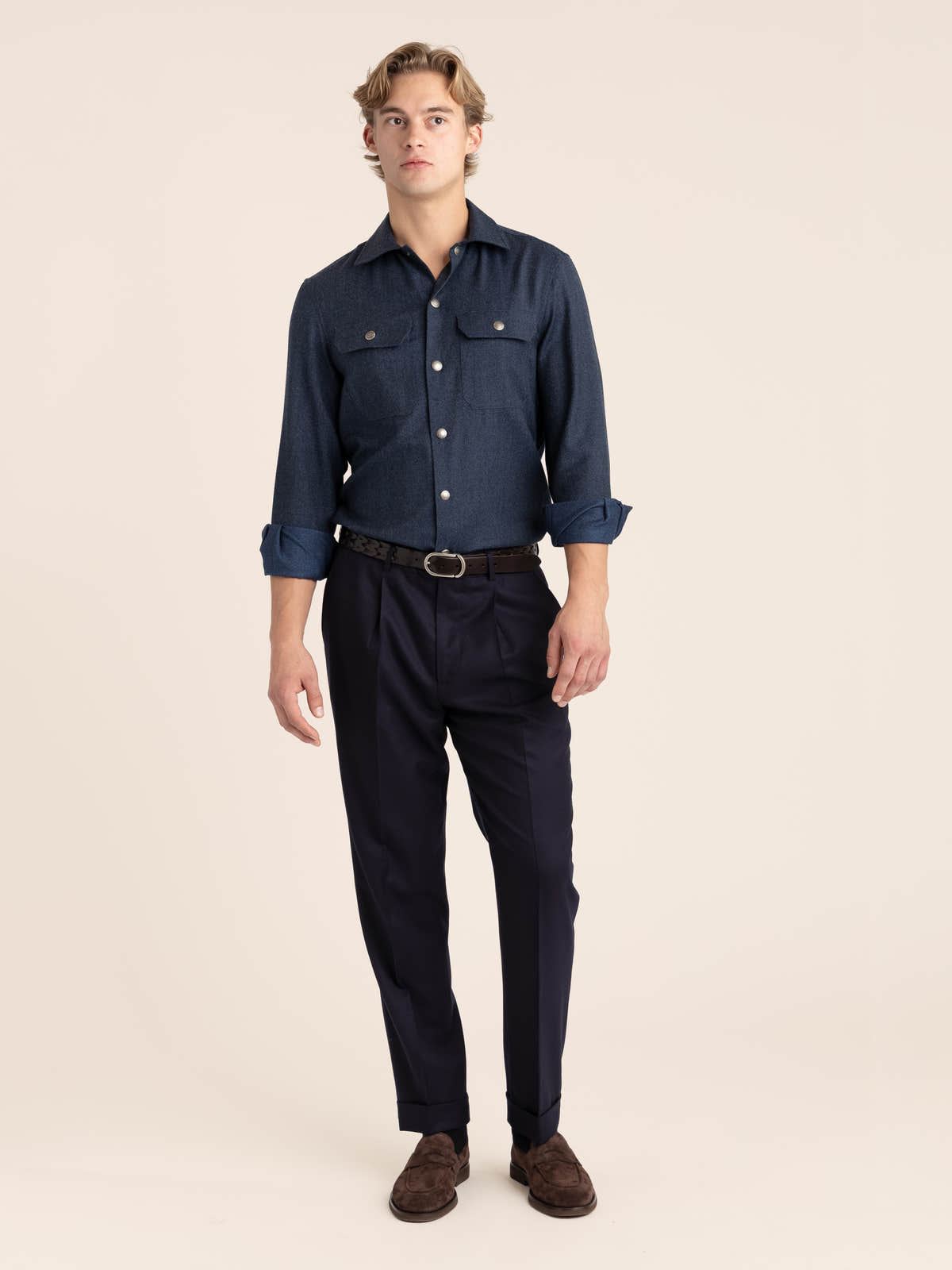 Navy Wool Pleated Trousers