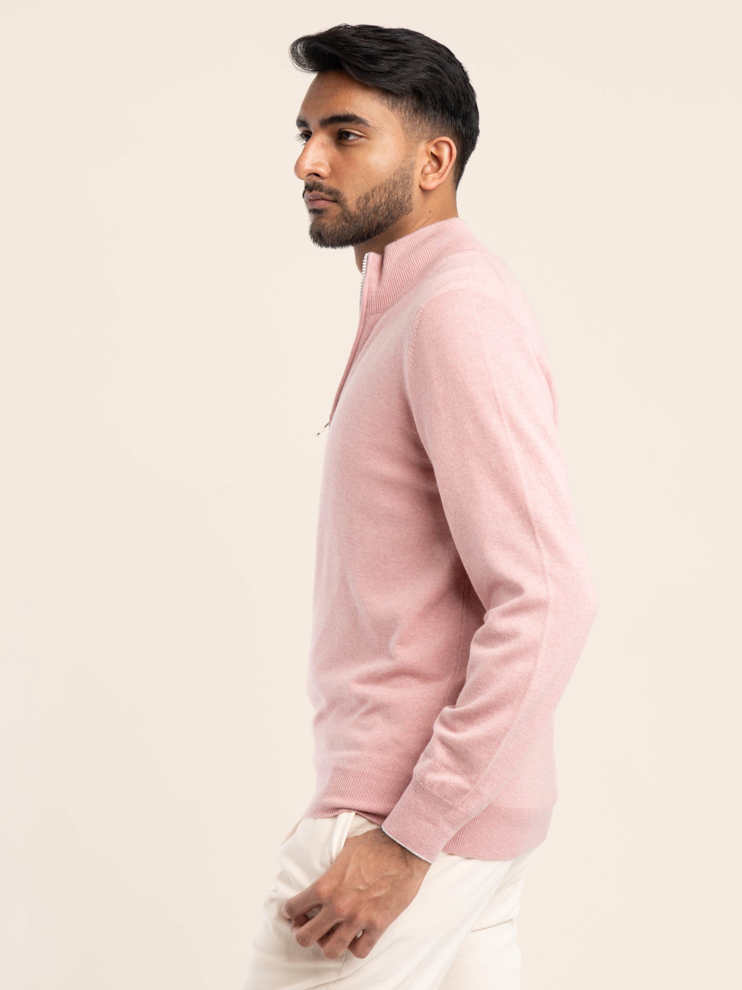 Pink Cashmere Turtleneck Quarter Zip Sweater