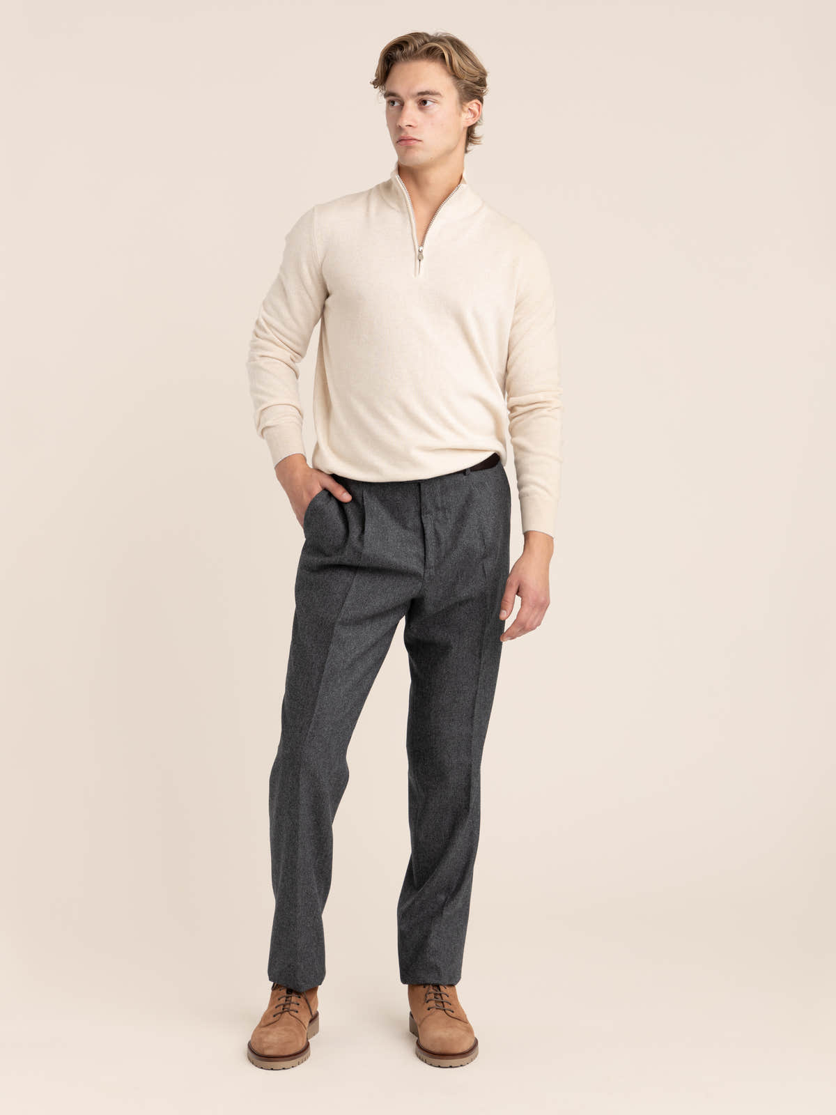 Sand Cashmere Sweater Whit Half Zip