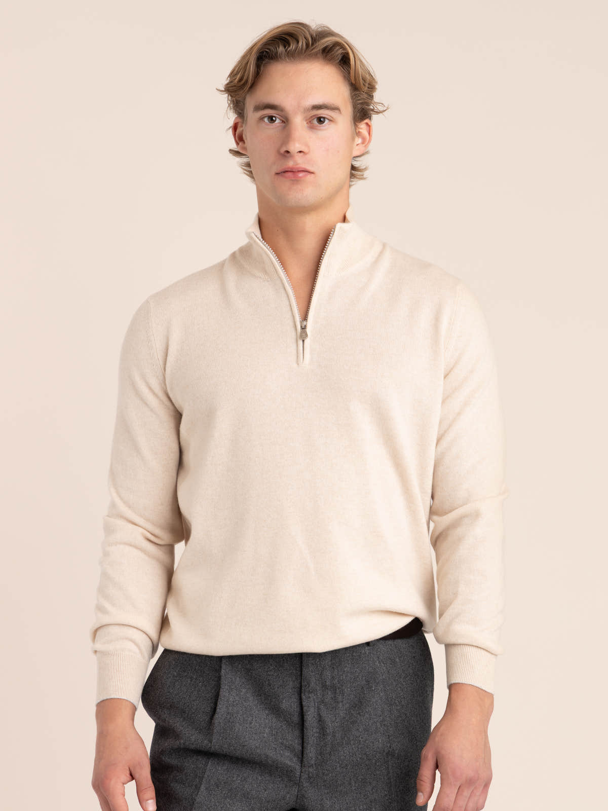 Sand Cashmere Sweater Whit Half Zip