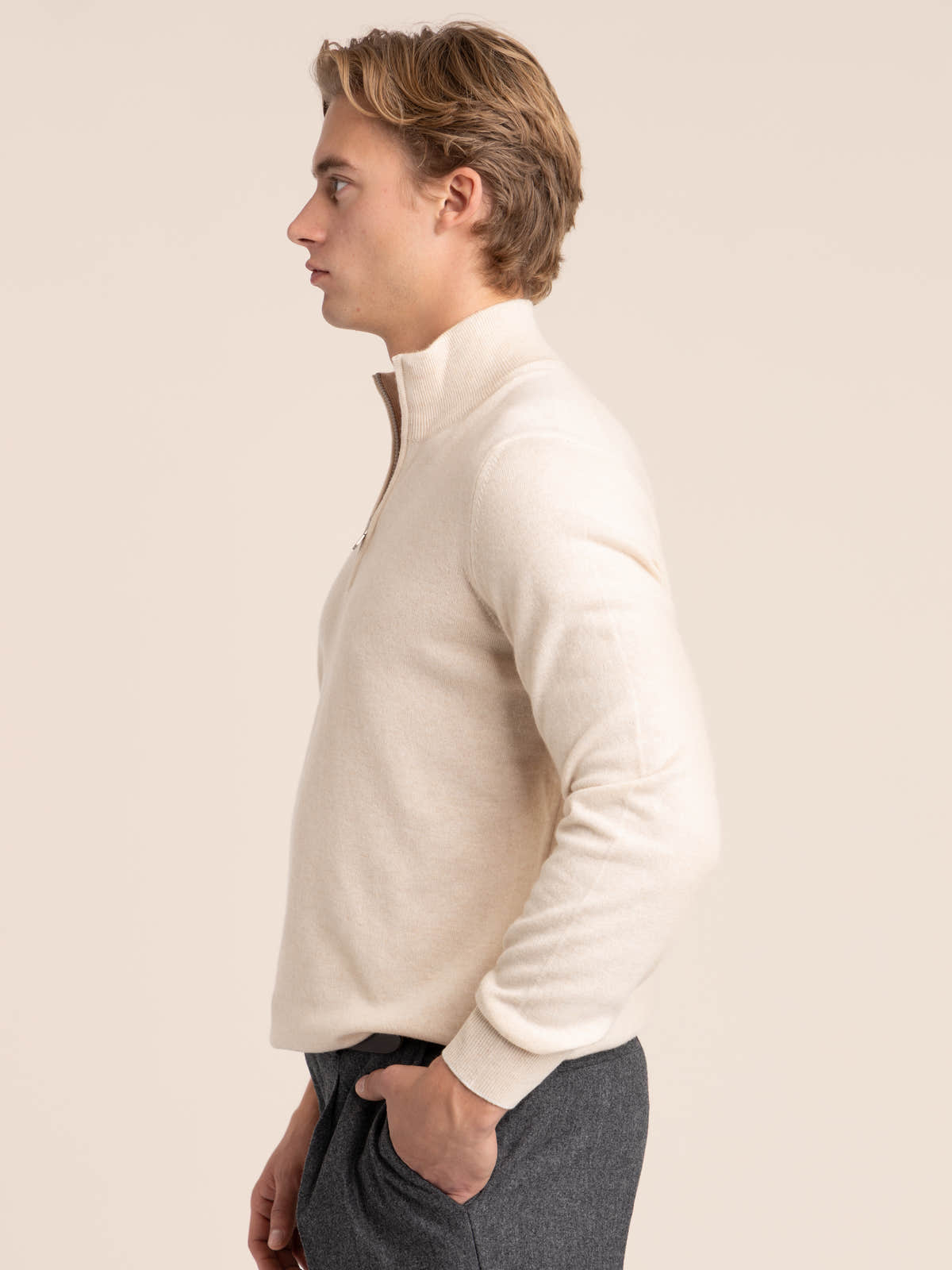 Sand Cashmere Sweater Whit Half Zip