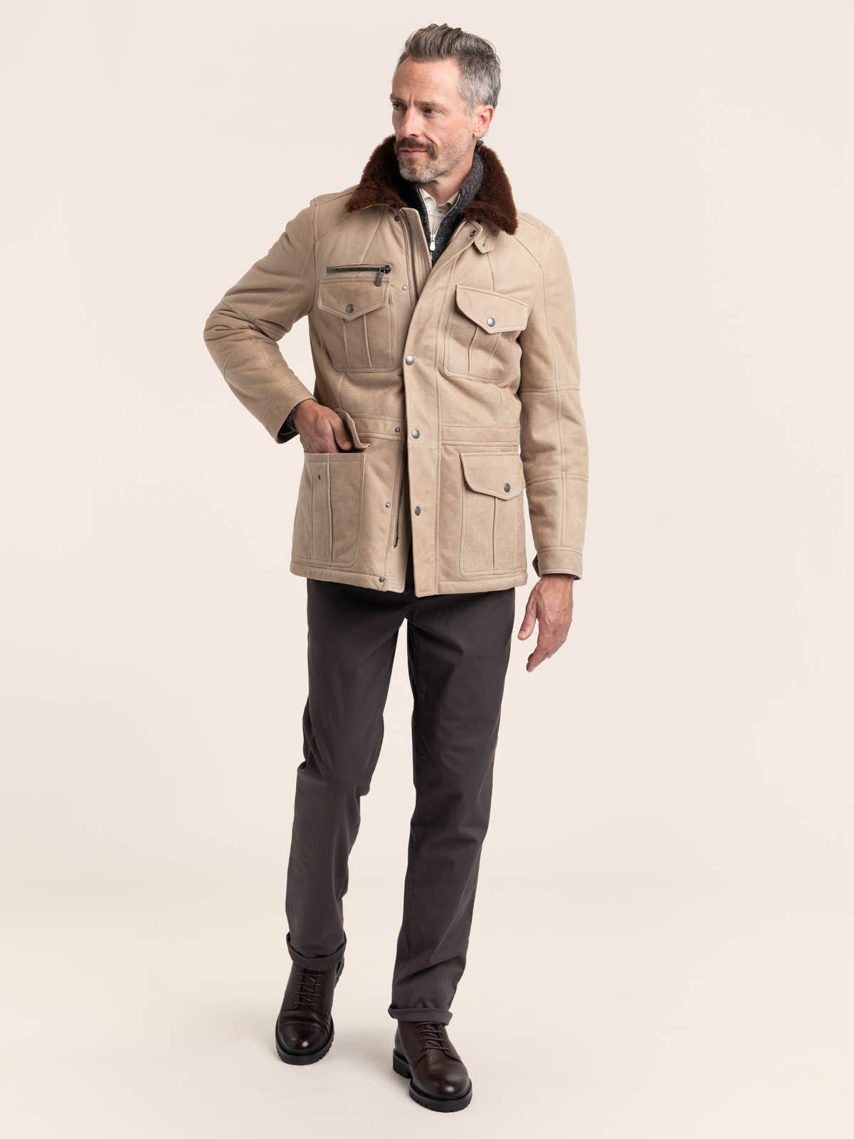 Stone Beige Waxed Shearling Safari Jacket
