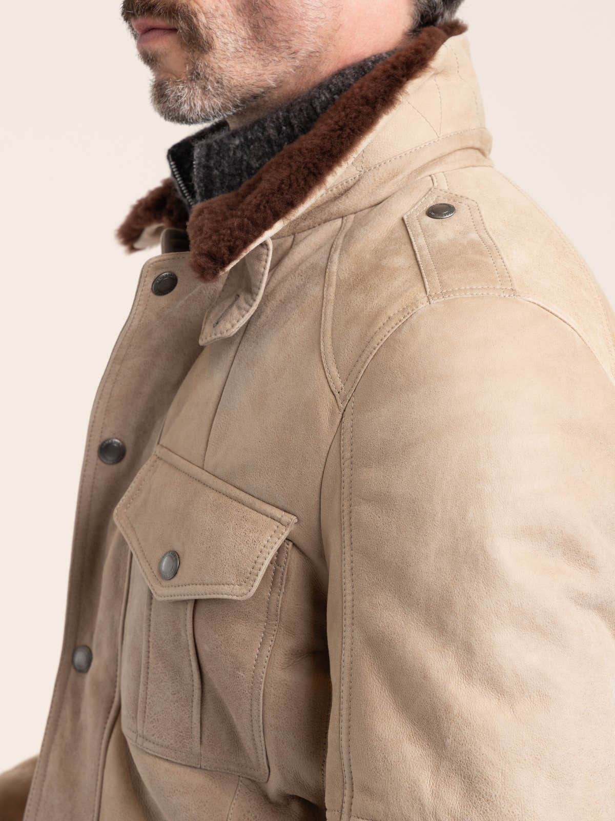 Stone Beige Waxed Shearling Safari Jacket