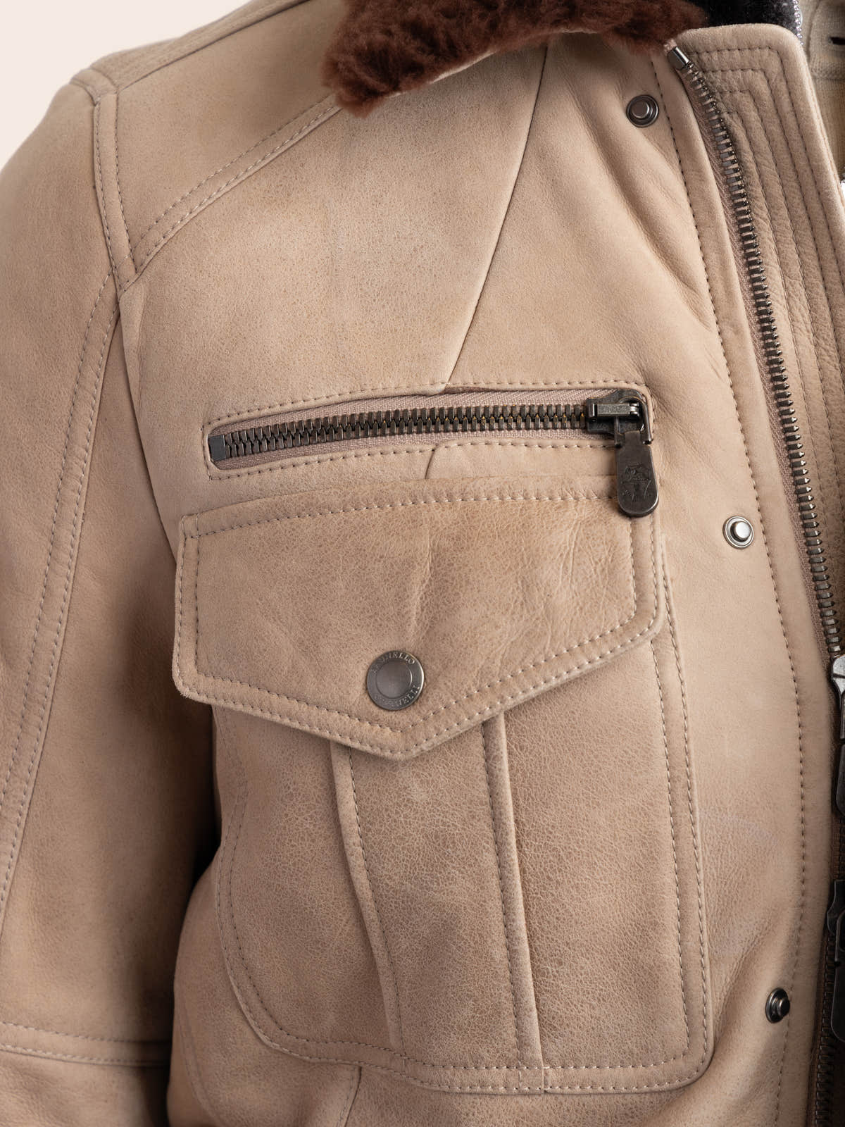 Stone Beige Waxed Shearling Safari Jacket