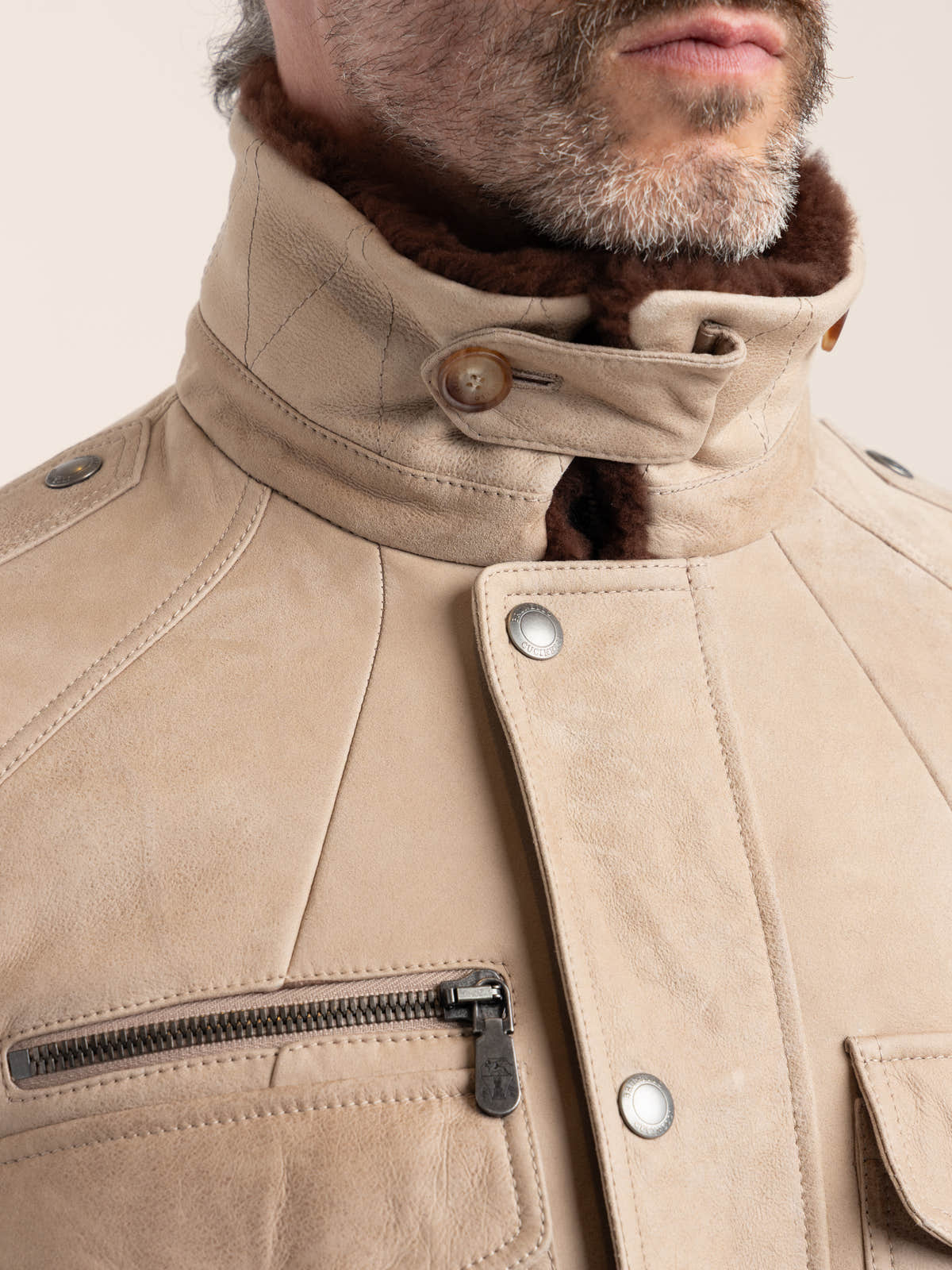 Stone Beige Waxed Shearling Safari Jacket