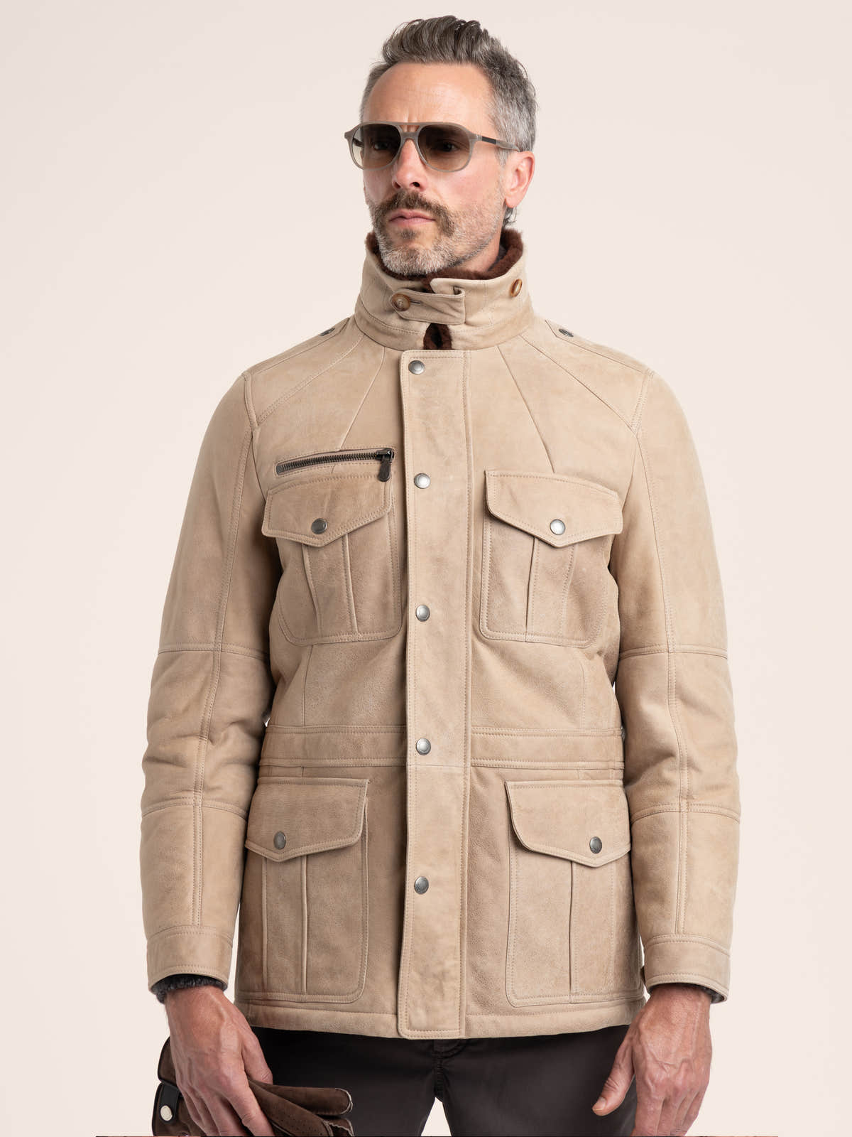 Stone Beige Waxed Shearling Safari Jacket
