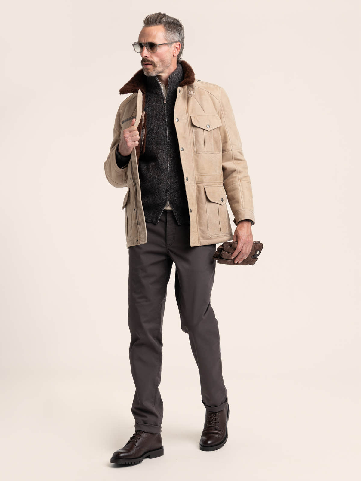 Stone Beige Waxed Shearling Safari Jacket