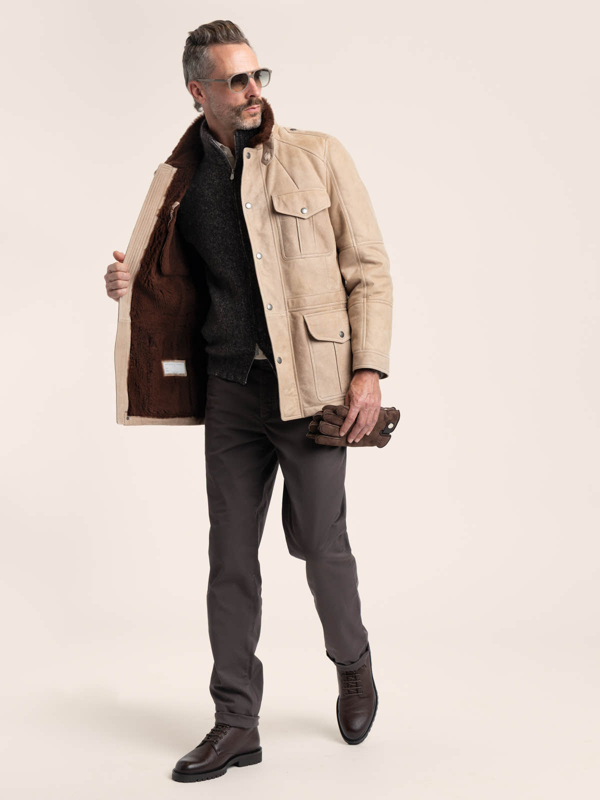 Stone Beige Waxed Shearling Safari Jacket