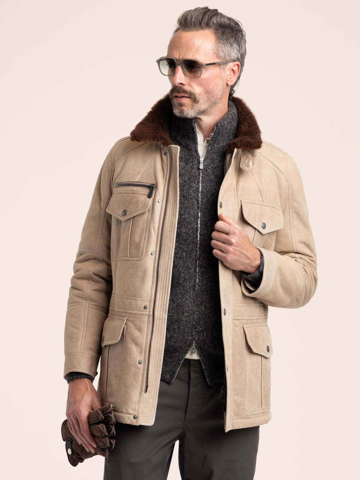 Stone Beige Waxed Shearling Safari Jacket