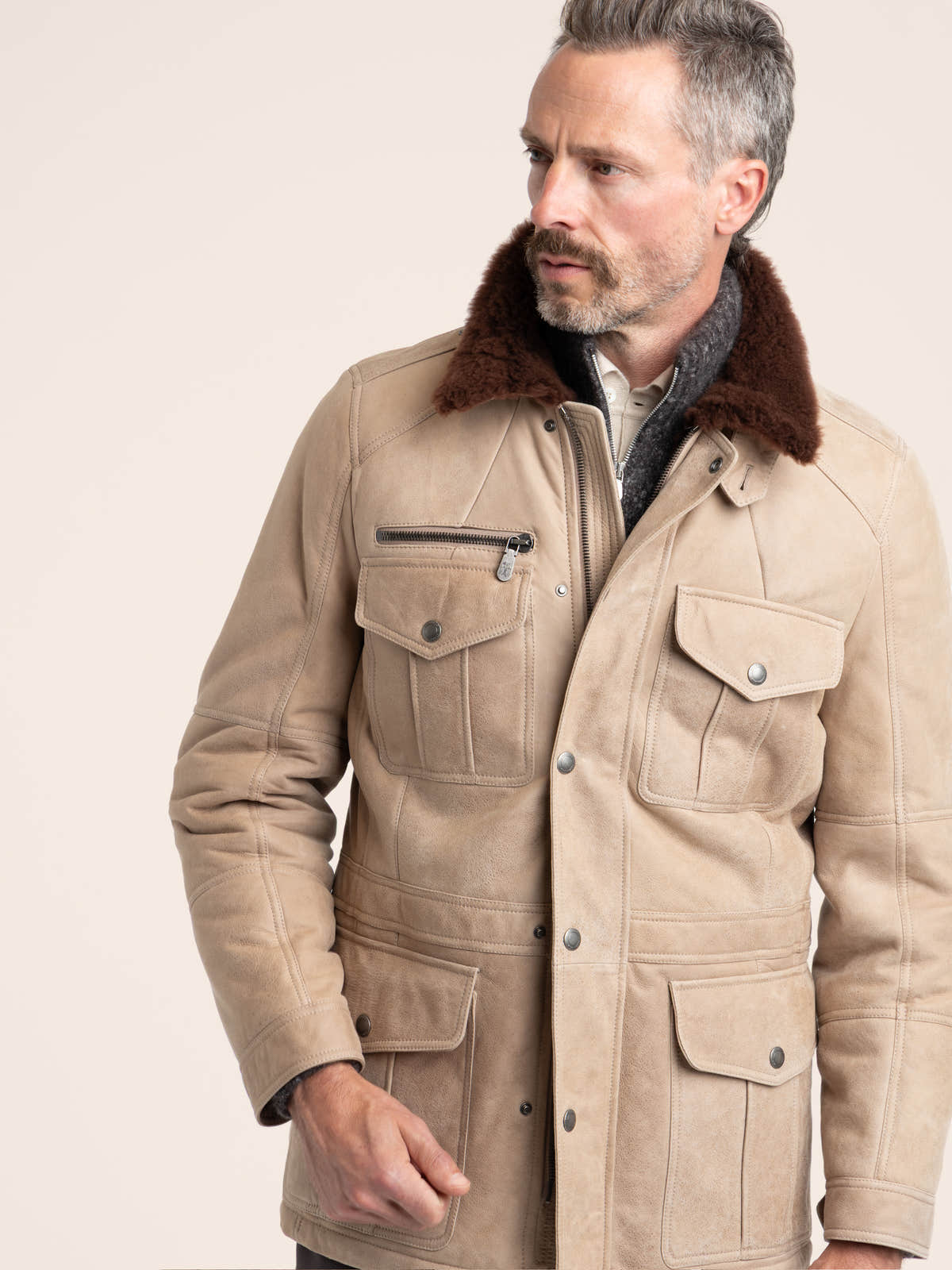 Stone Beige Waxed Shearling Safari Jacket