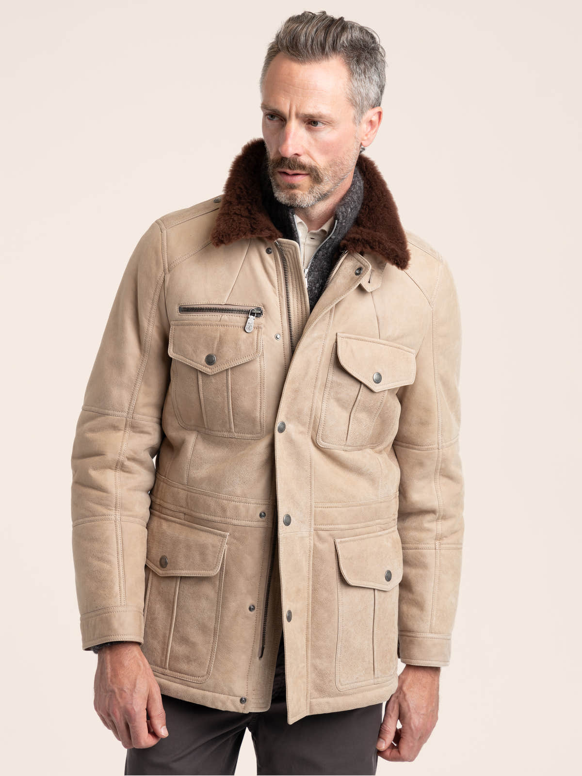 Stone Beige Waxed Shearling Safari Jacket
