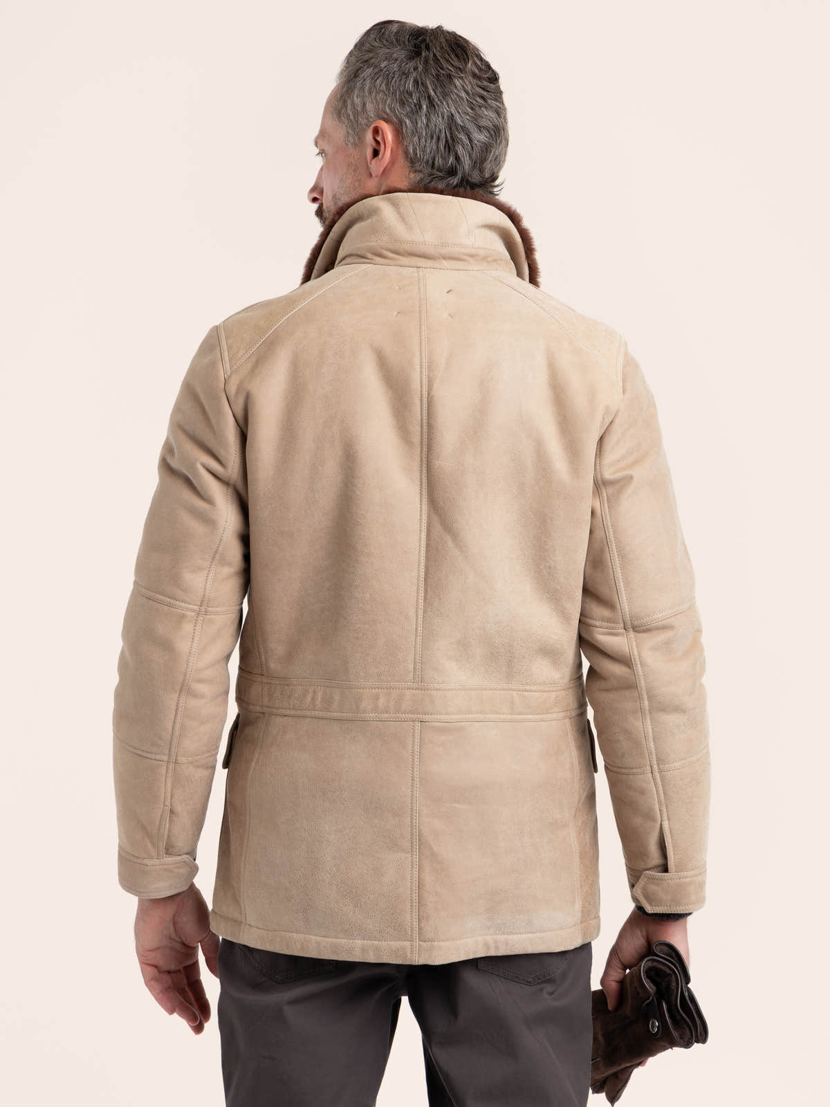 Stone Beige Waxed Shearling Safari Jacket