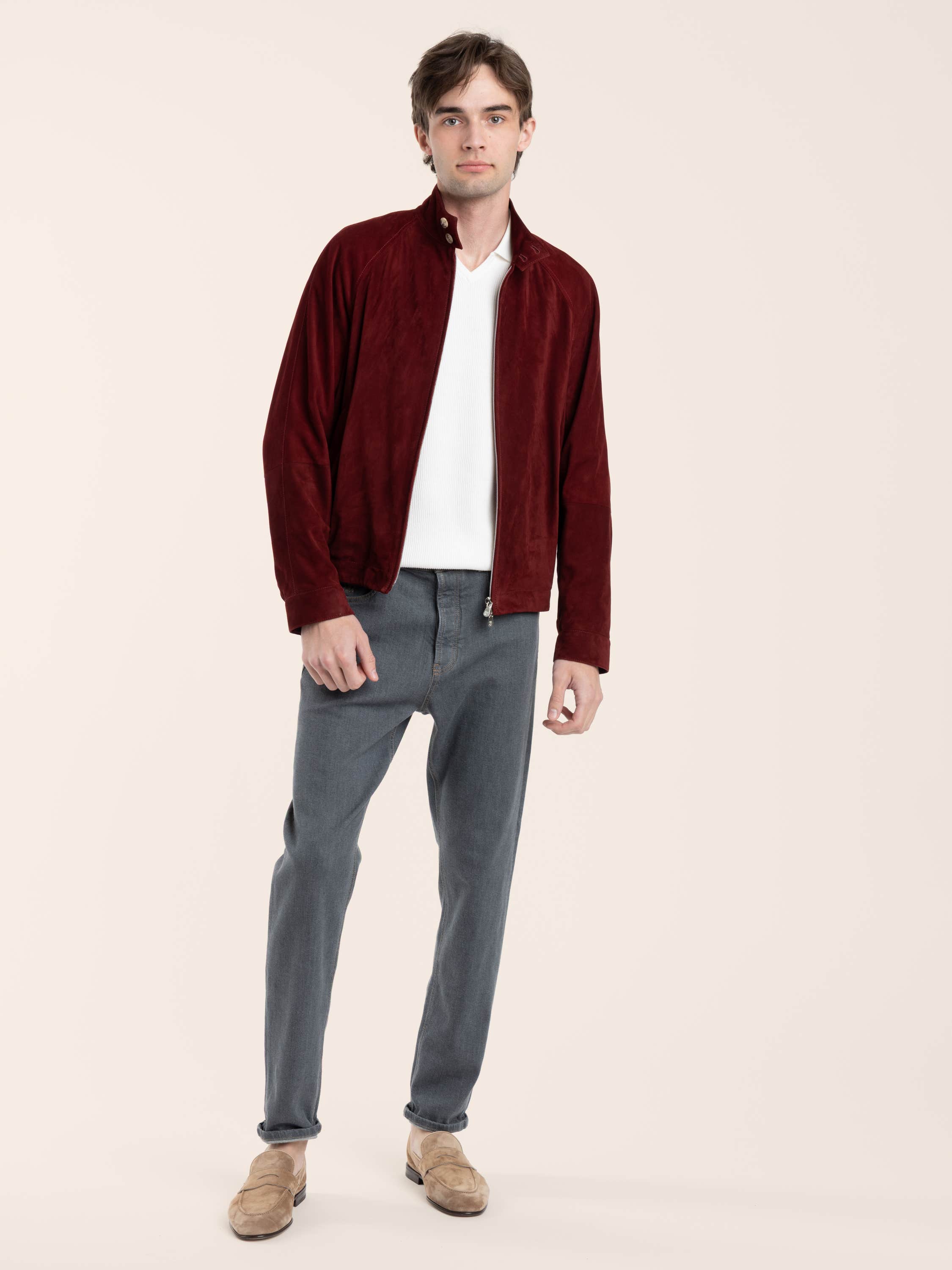 Suede unlined jacket with stand collar in Cherry Red