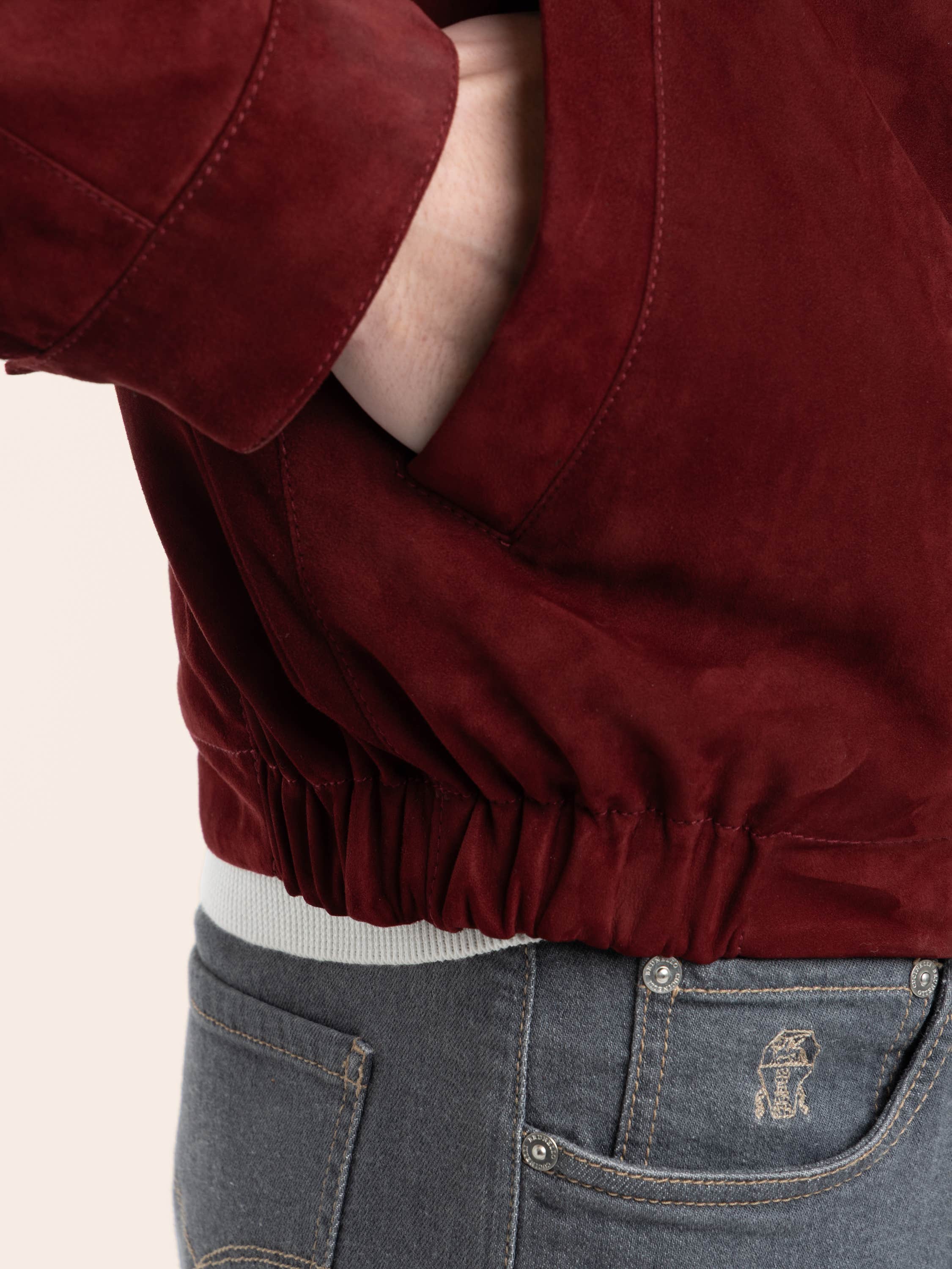 Suede unlined jacket with stand collar in Cherry Red