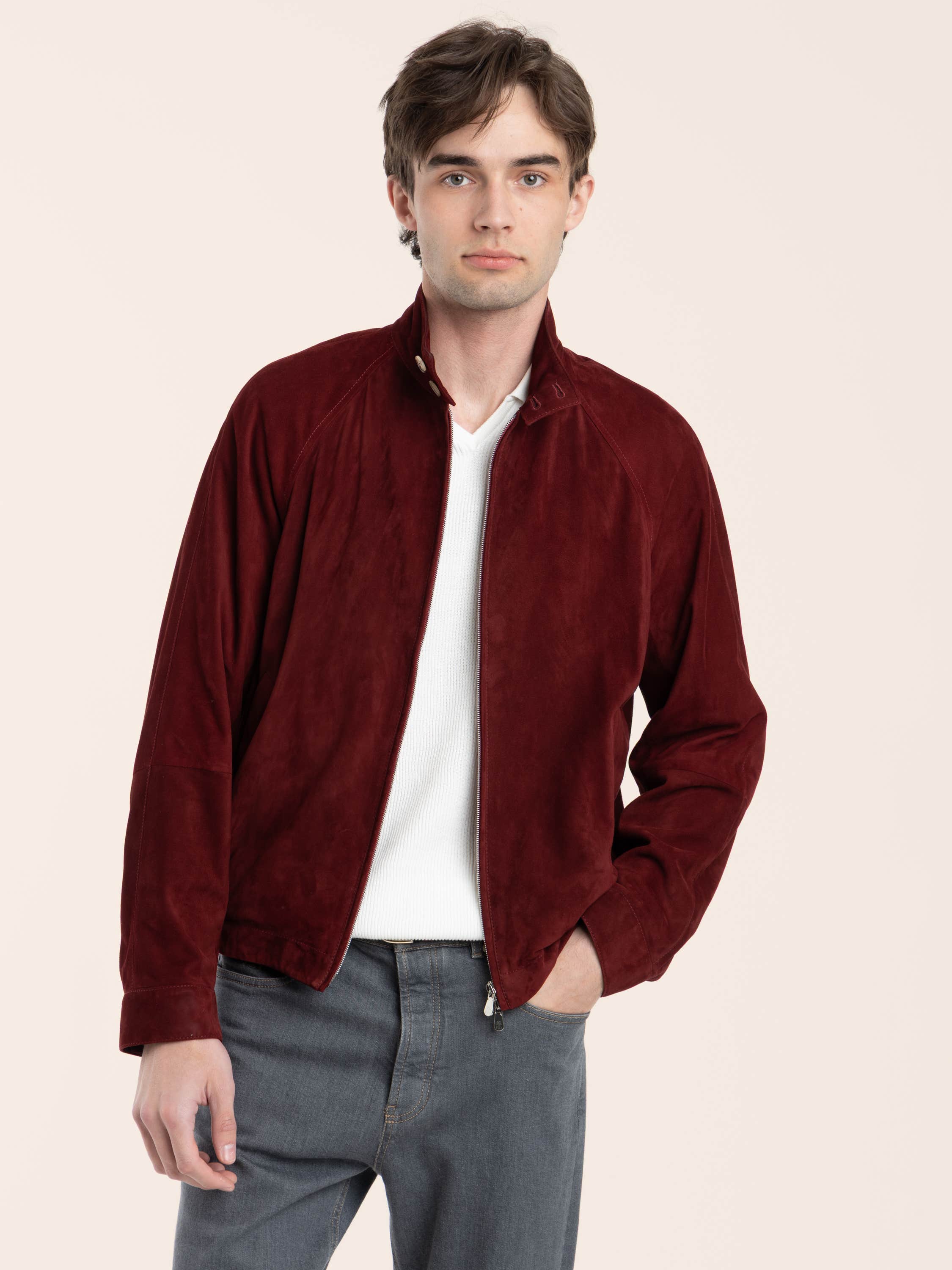 Suede unlined jacket with stand collar in Cherry Red
