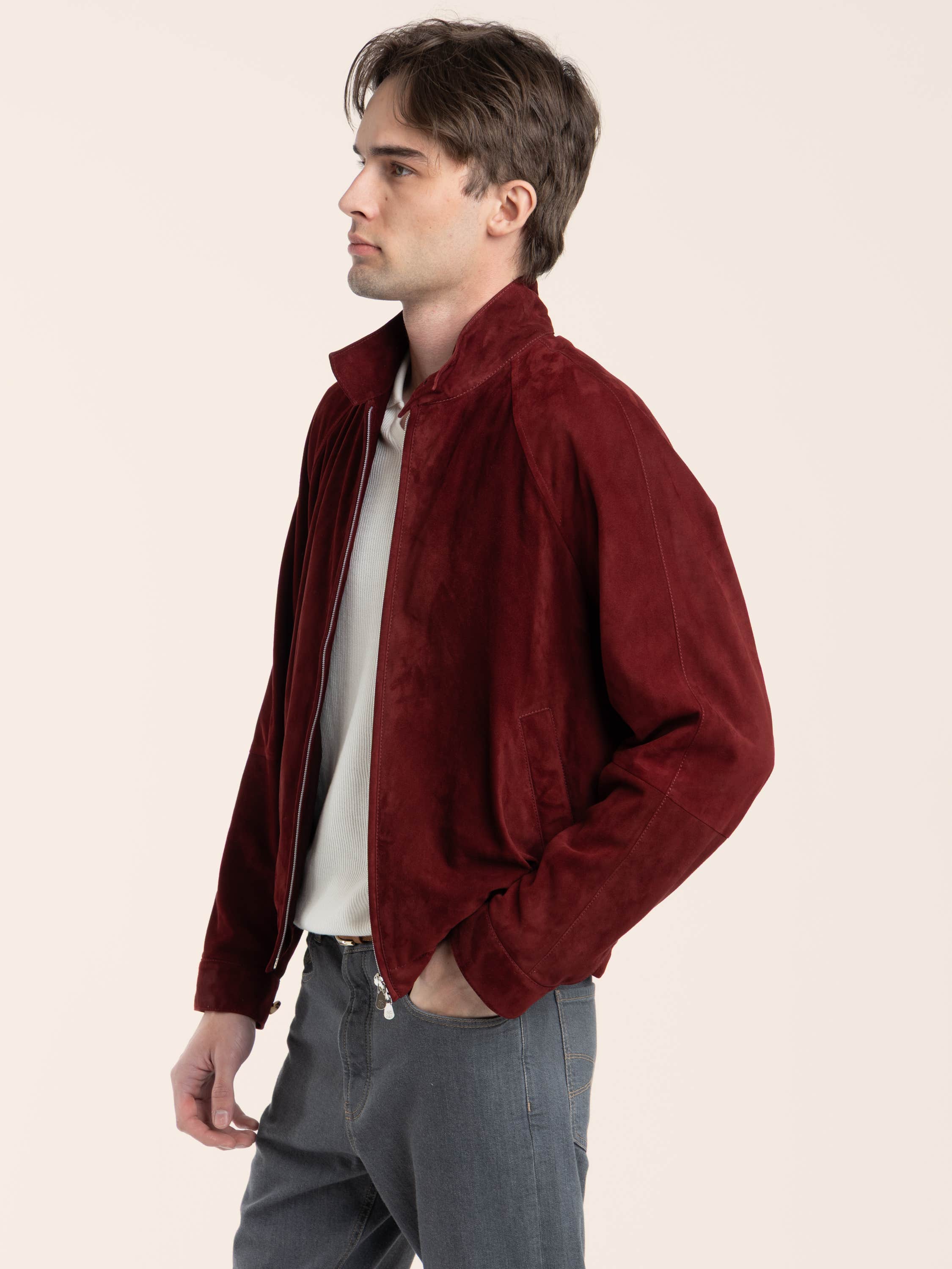 Suede unlined jacket with stand collar in Cherry Red
