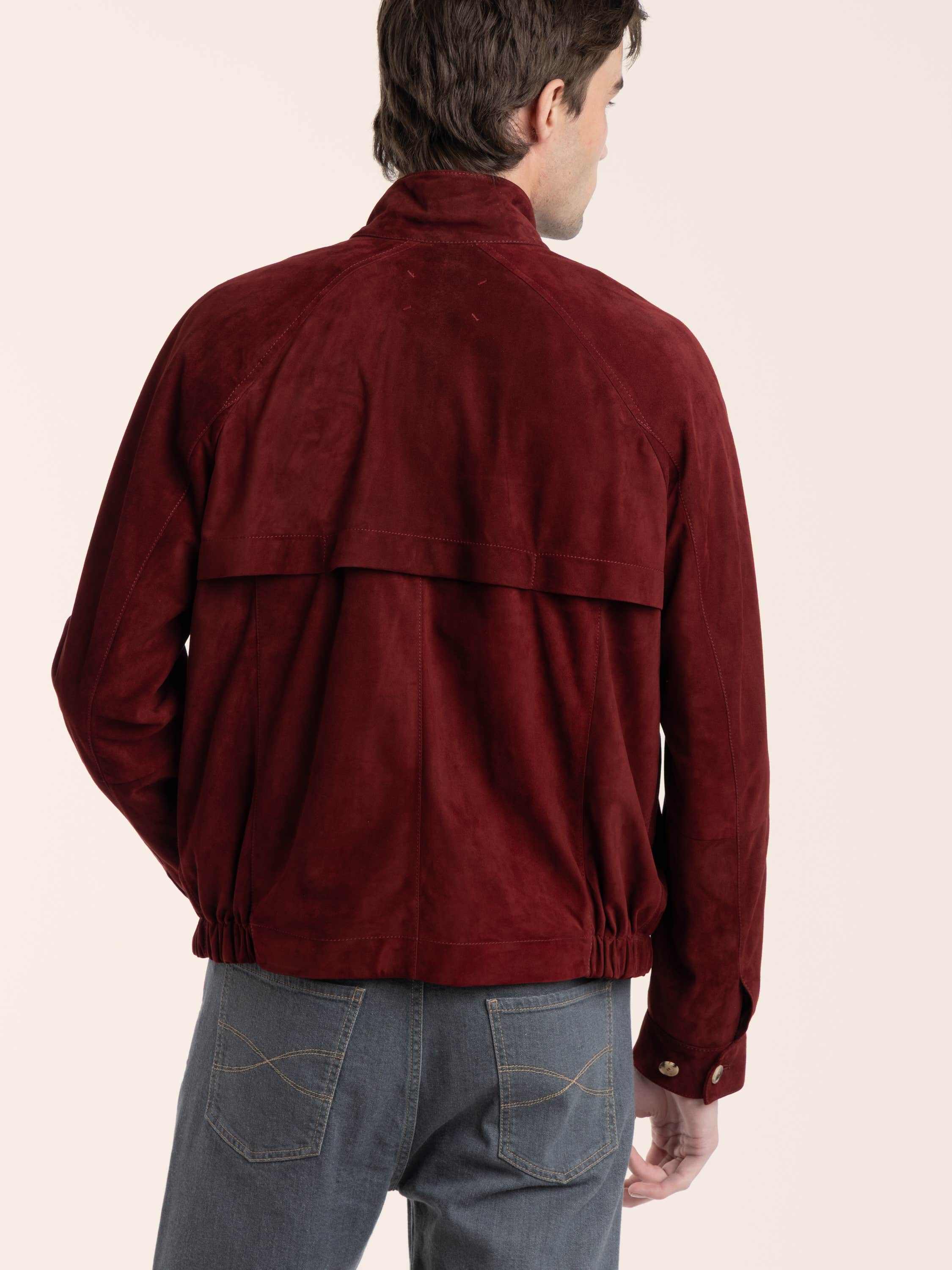 Suede unlined jacket with stand collar in Cherry Red