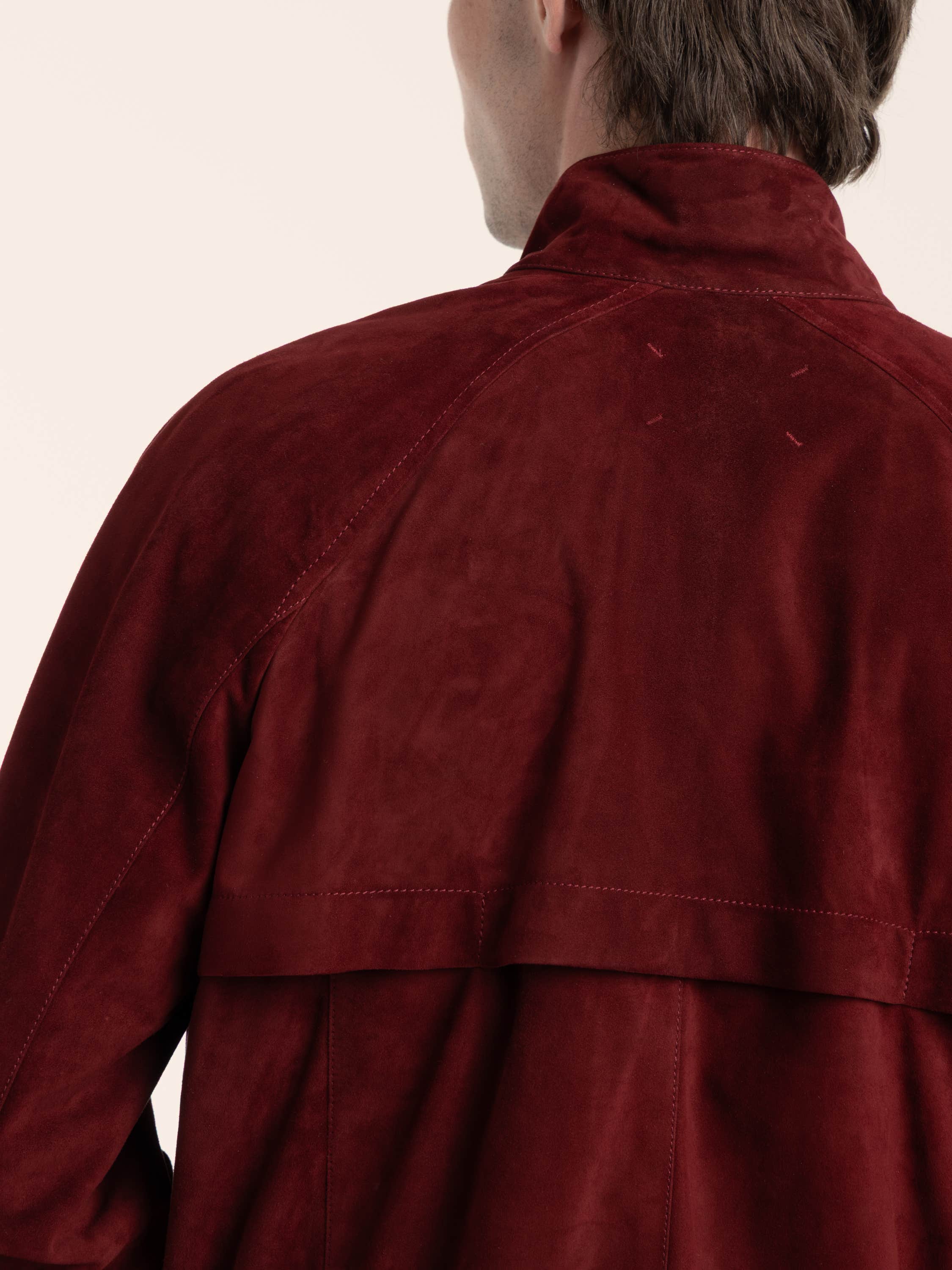 Suede unlined jacket with stand collar in Cherry Red