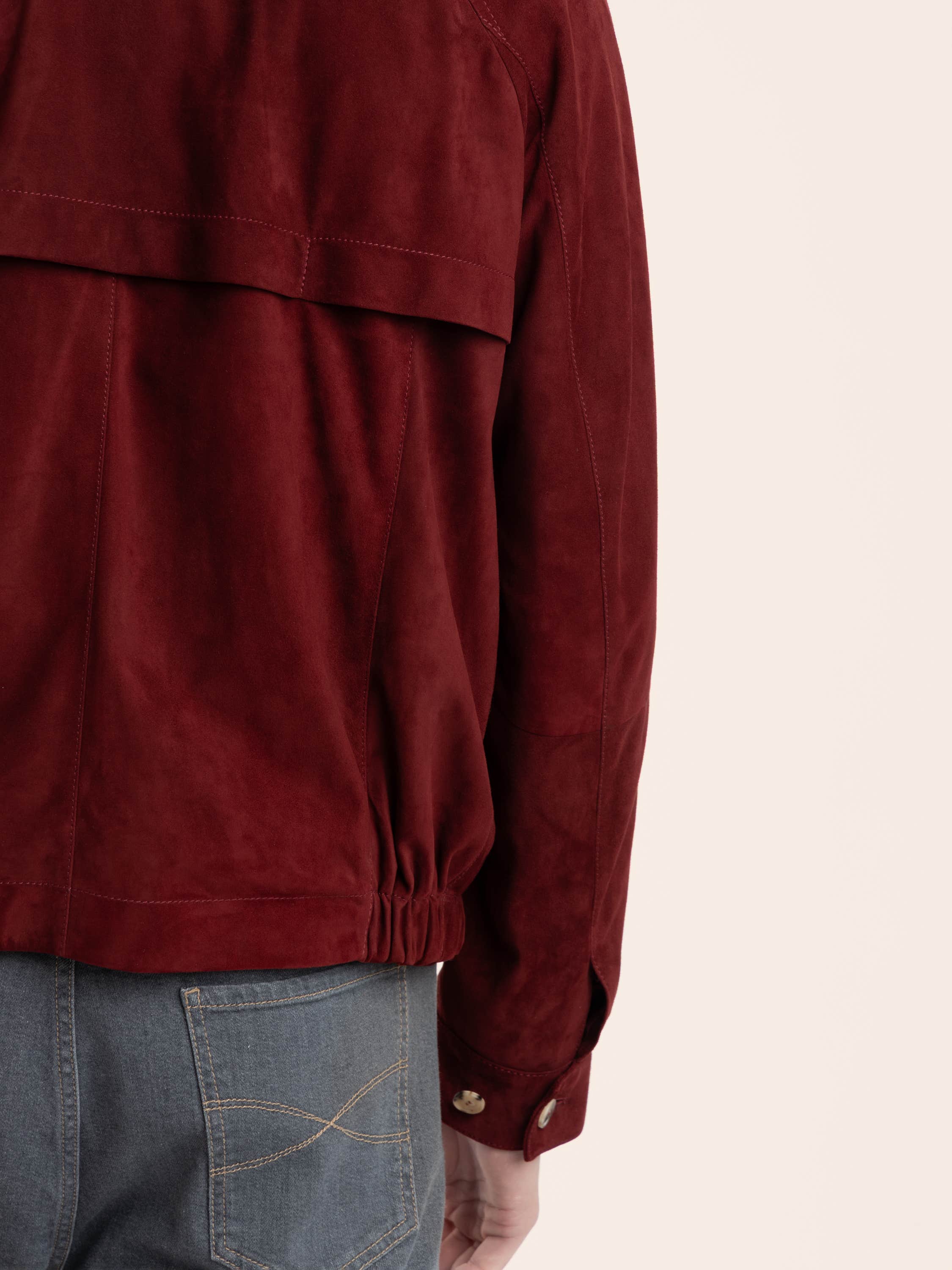 Suede unlined jacket with stand collar in Cherry Red