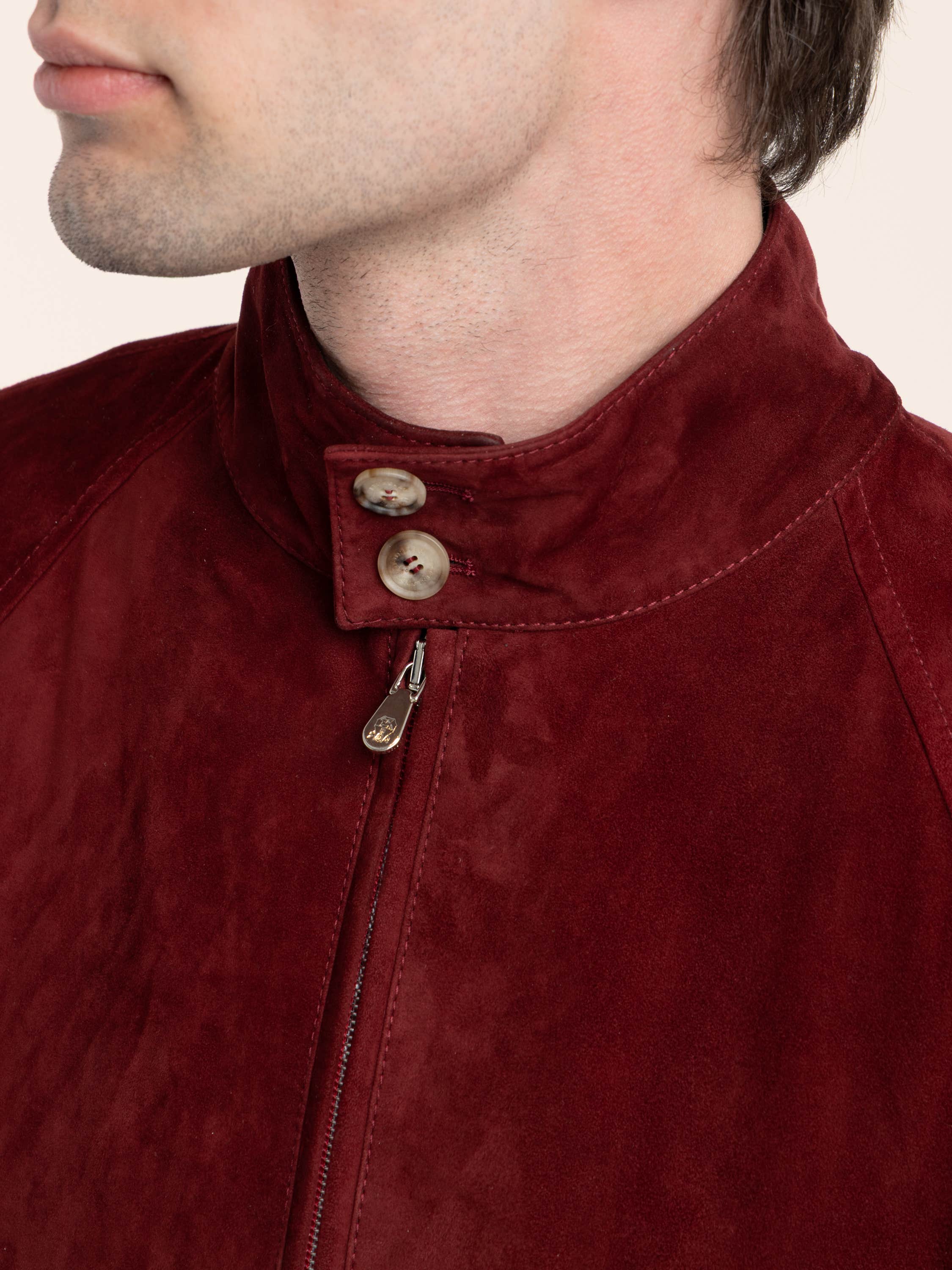 Suede unlined jacket with stand collar in Cherry Red