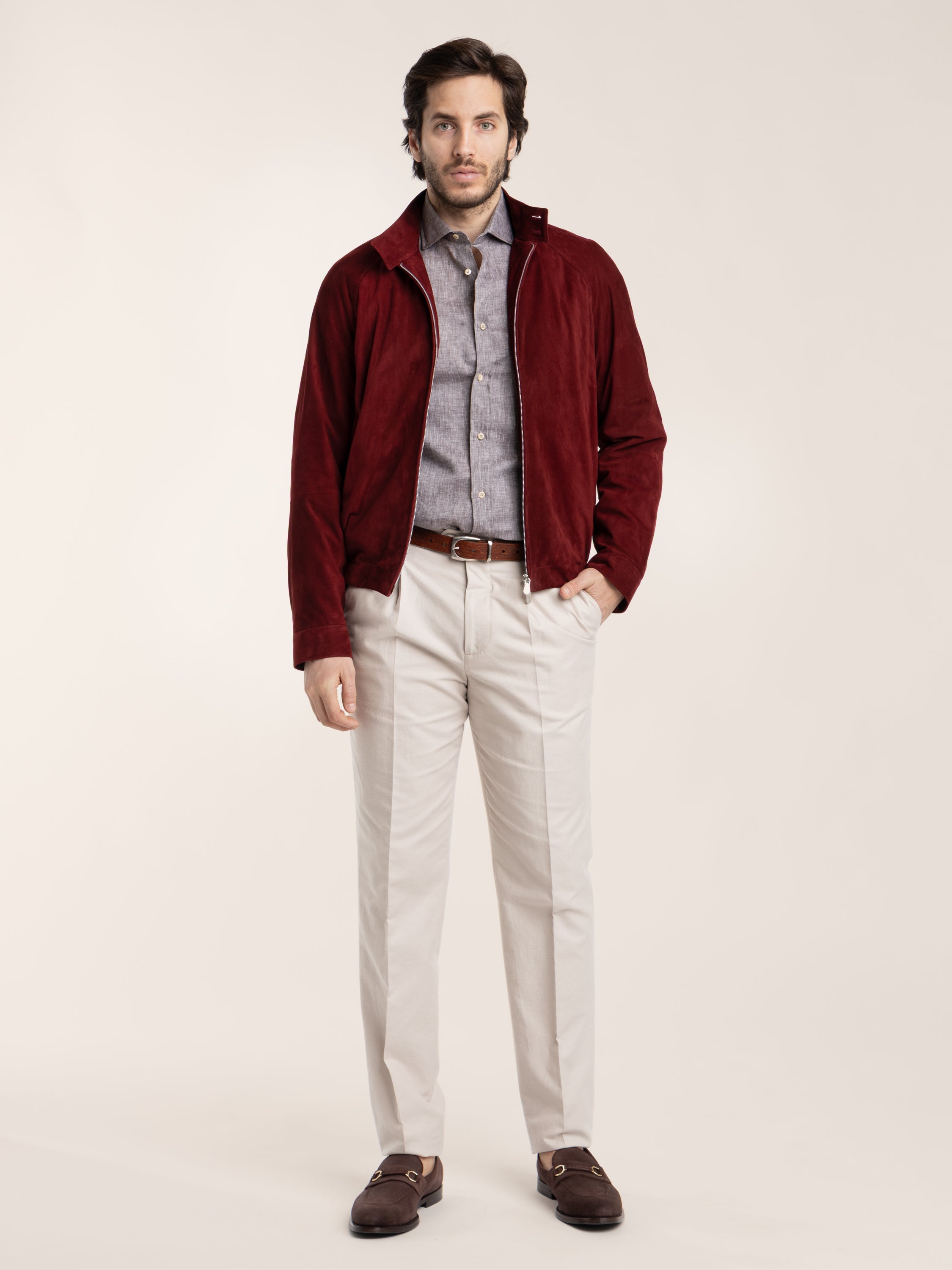 SCL PORTE レッドジャケット M SUEDE UNLINED JACCKET WITH STAND COLLAR IN CHERRY RED – The Helm