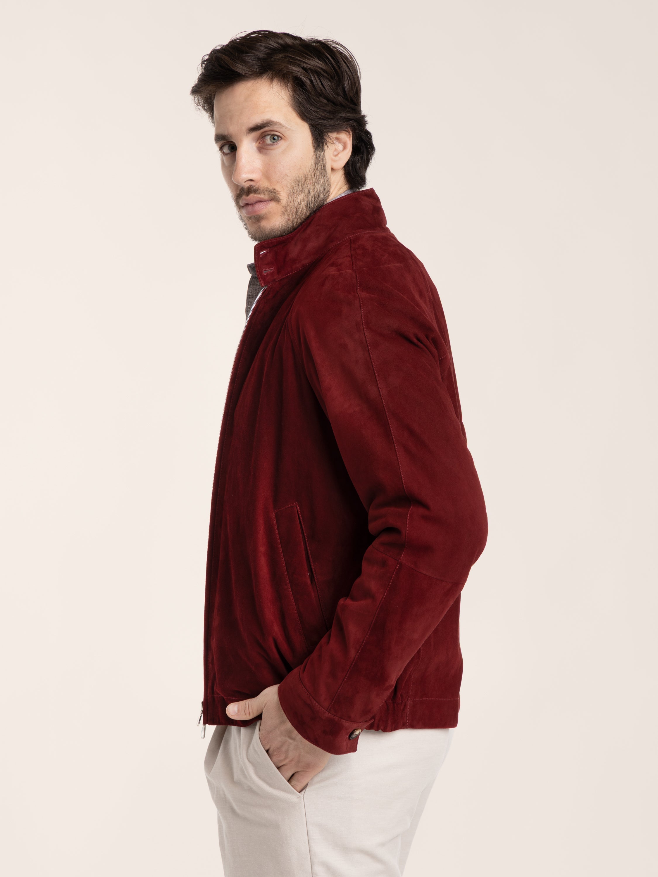 SUEDE UNLINED JACCKET WITH STAND COLLAR IN CHERRY RED – The Helm
